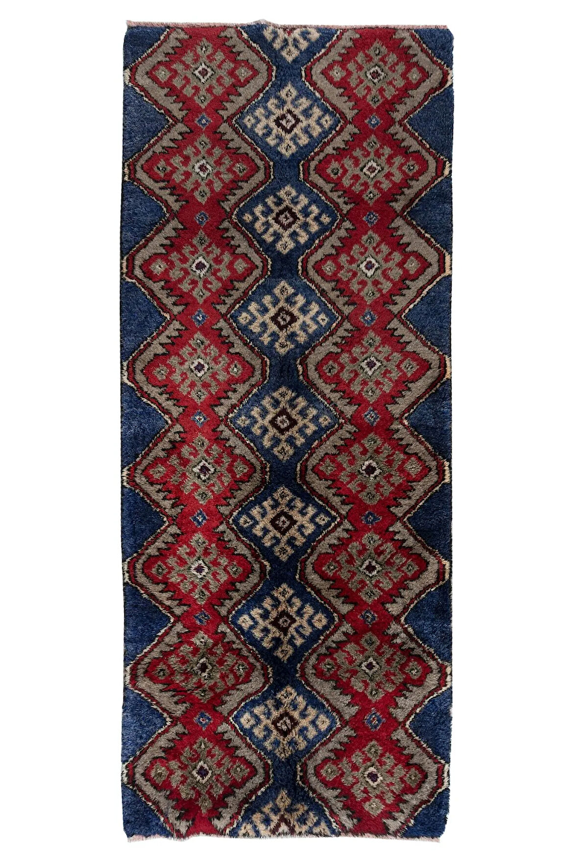 104x253 cm Mavi, Kırmızı ve Açık Kahverengi El Düğümlü "Tülü" Halı. %100 Yün. Eski Türk Halısı