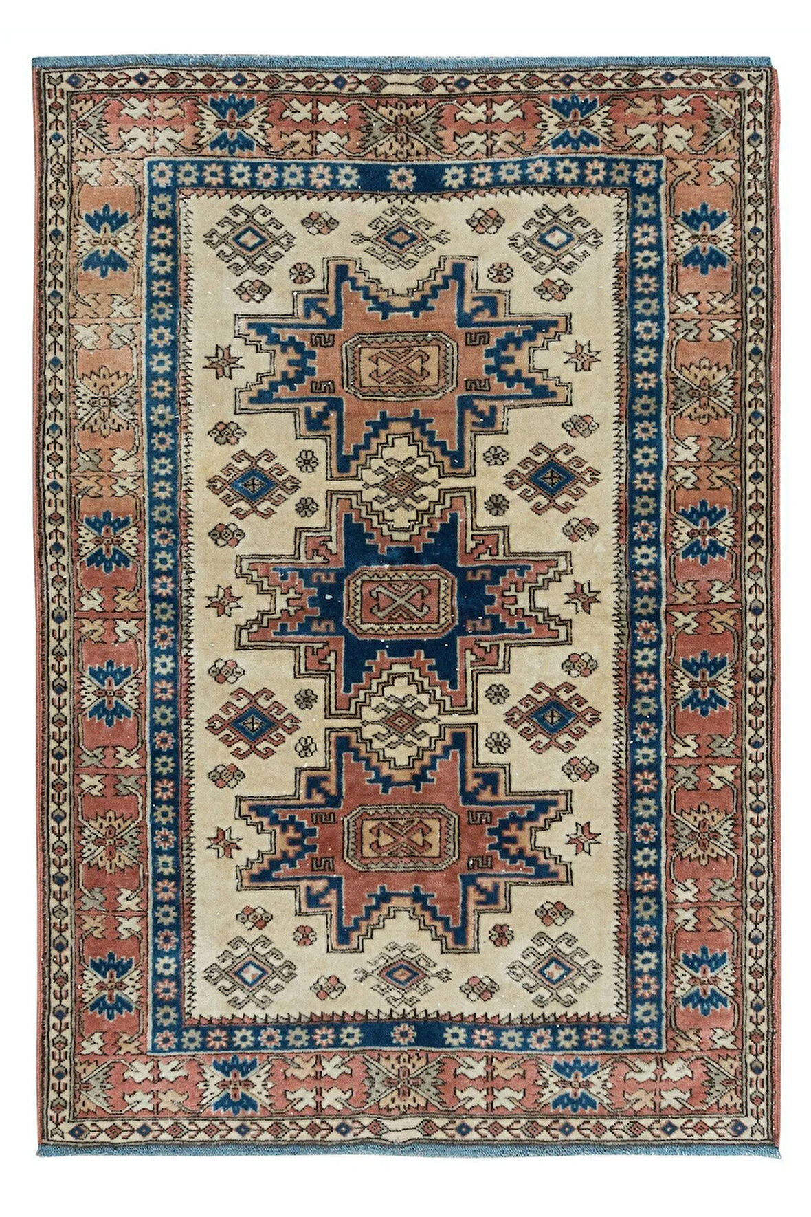 106x150 Cm Geleneksel Eski El Yapımı Madalyonlu Türk Alan Halısı, Renkli Benzersiz Halı