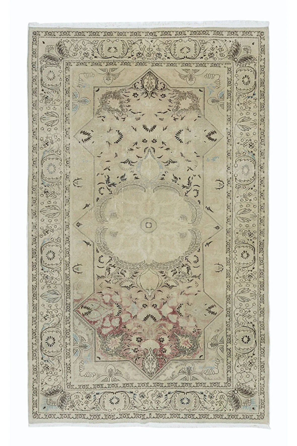 152x240 cm Çiftlik Evi Dekoru Eski El Yapımı Bej Halı, Güneş Solmuş Anadolu Uşak Halısı
