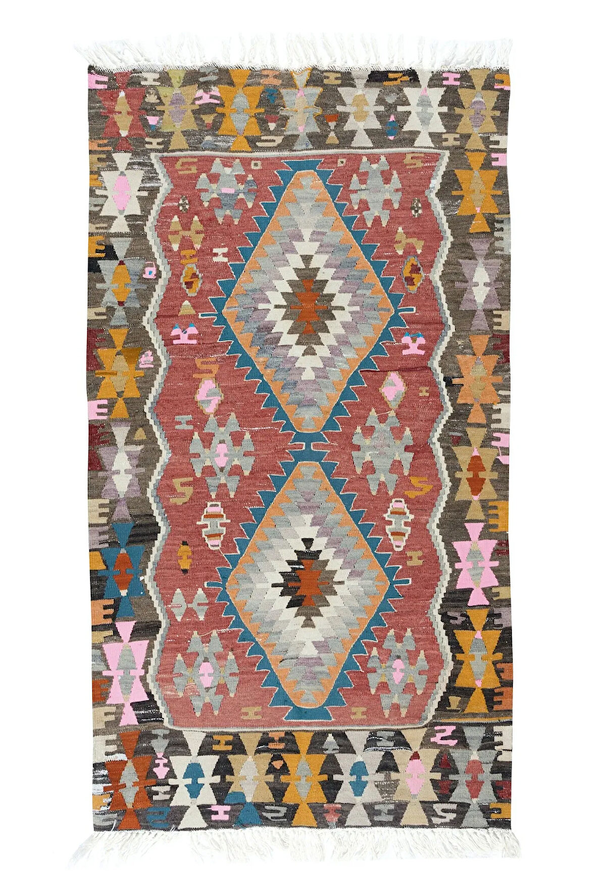 80x145 cm Geometrik Desenli Renkli Eski İsveç İskandinav Küçük Kilim, %100 Yünden Yapılmıştır