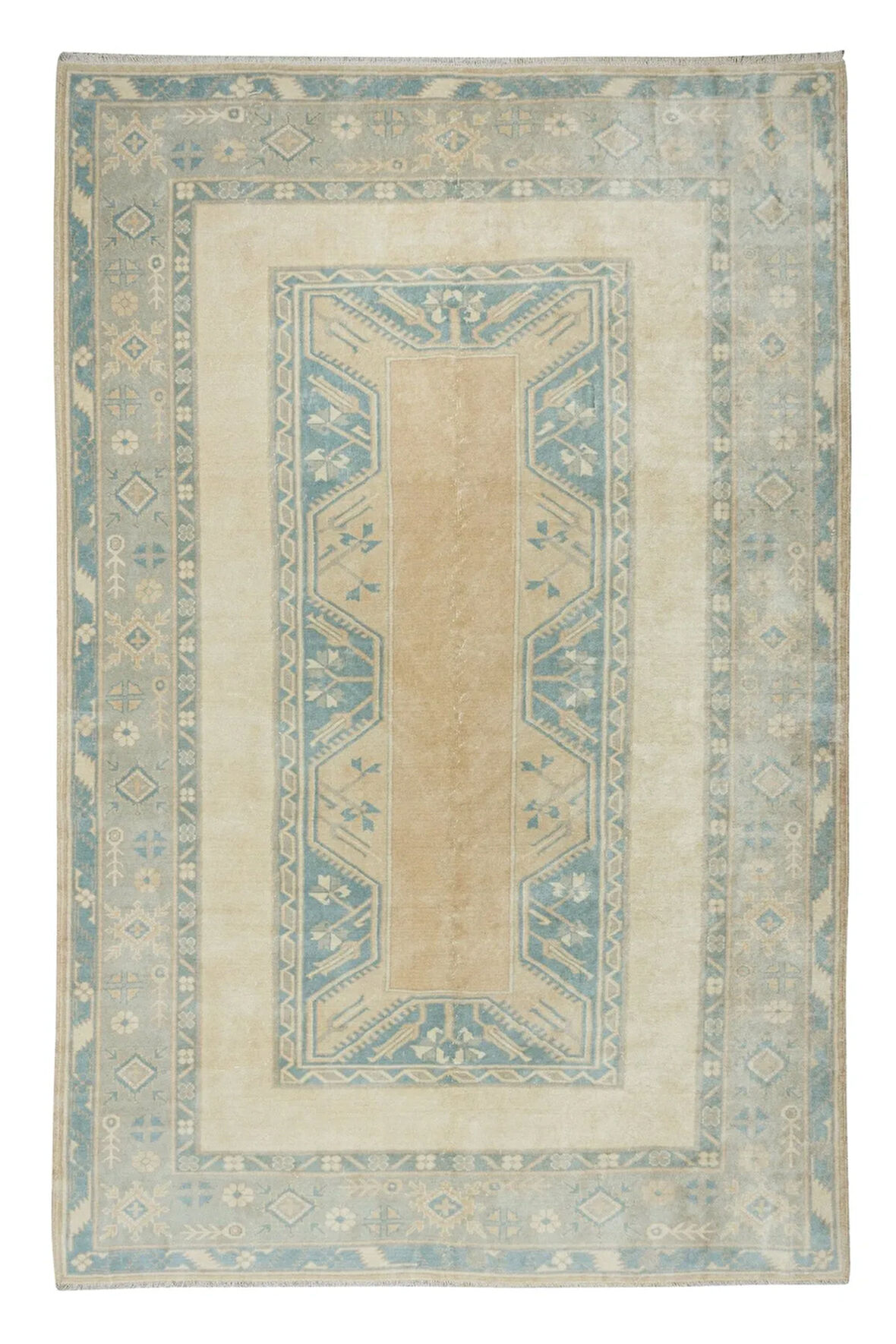 196x293 cm Soluk El Düğümlü Uşak Halısı, Eski Geometrik Anadolu Halısı, Yaklaşık 1950'lerden
