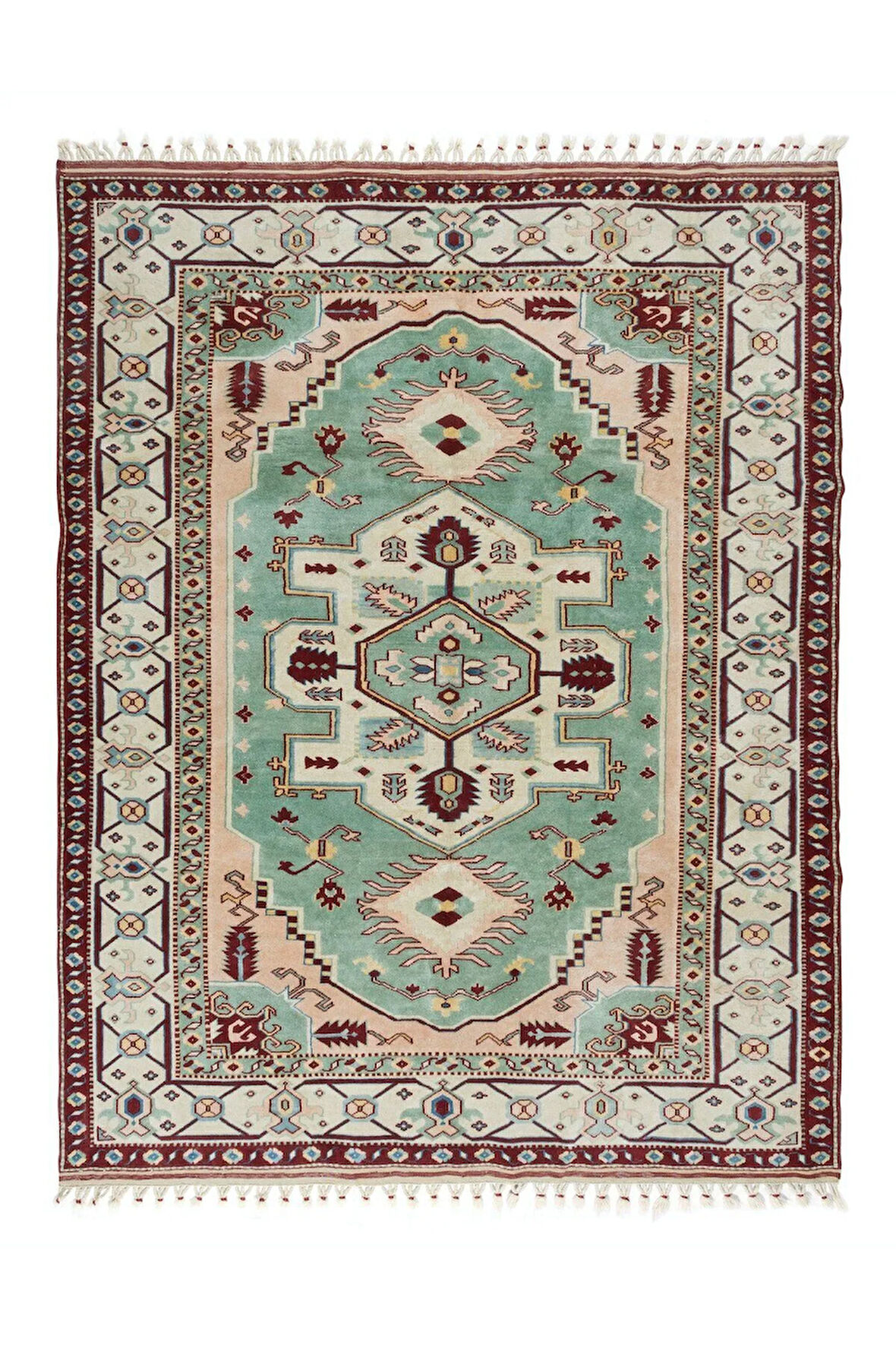 193x245 Cm Dekoratif El Yapımı Alan Halısı, Saçaklı Çağdaş Ev Dekoru Için Yeşil Halı, %100 Yün