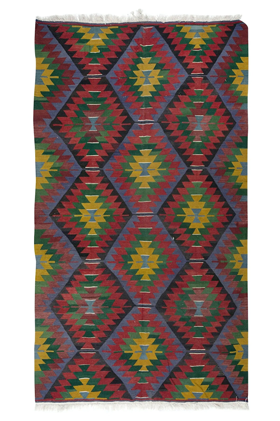 183x320 cm Geometrik Desenli Eski El Dokuma Türk Yünü Kilim 'Düz Dokuma'