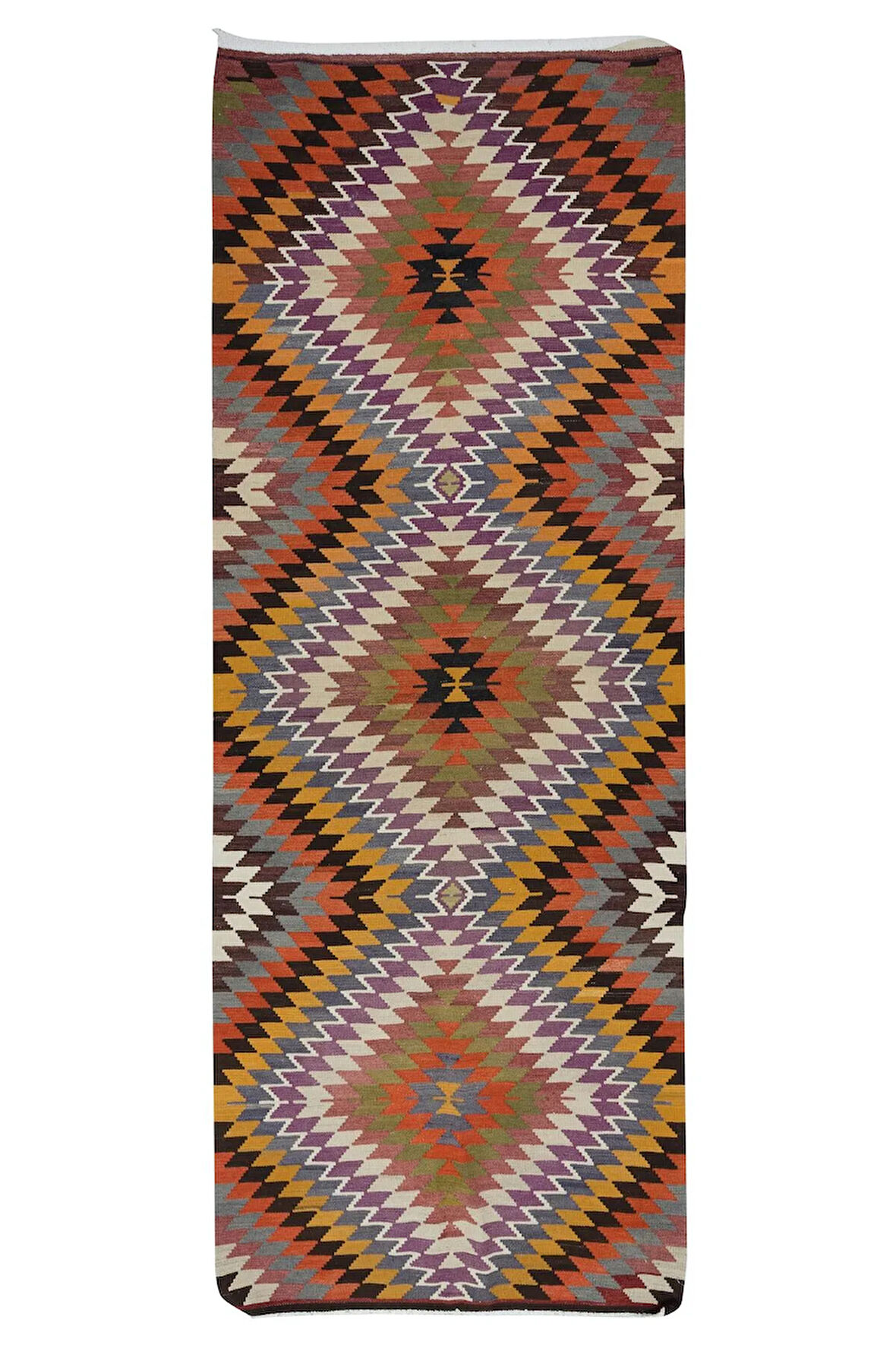147x378 cm Renkli El Dokuma Türk Kilimi, %100 Yünden Yapılmıştır, Elmas Desenli Eski Yolluk Halı
