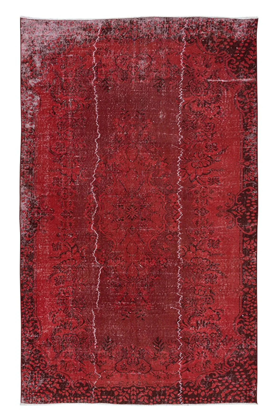 165x264 cm, Yeniden Boyanmış Kırmızı El Dokuma Halı, El Yapımı Eski Halı