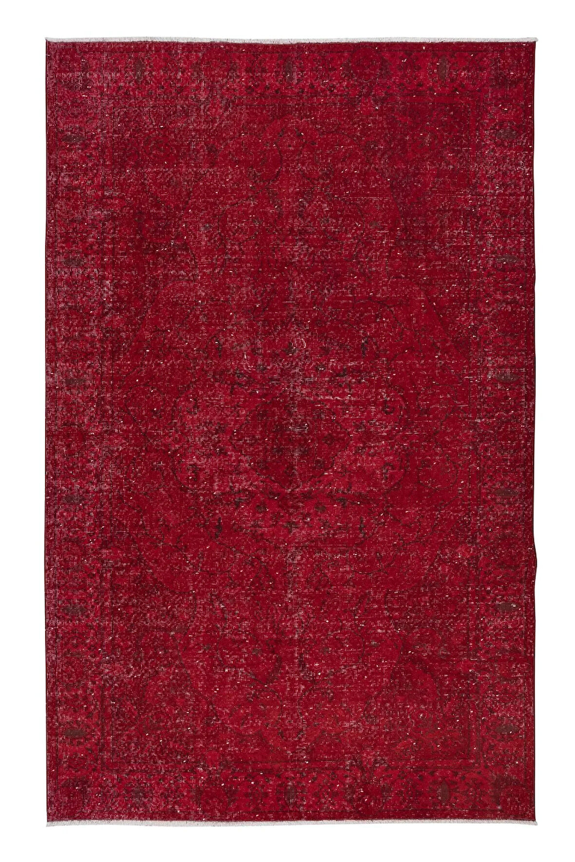185x296 cm, Yenilenmiş Kırmızı El Yapımı Halı, Modern Yün ve Pamuktan Yapılmış Eski Halı