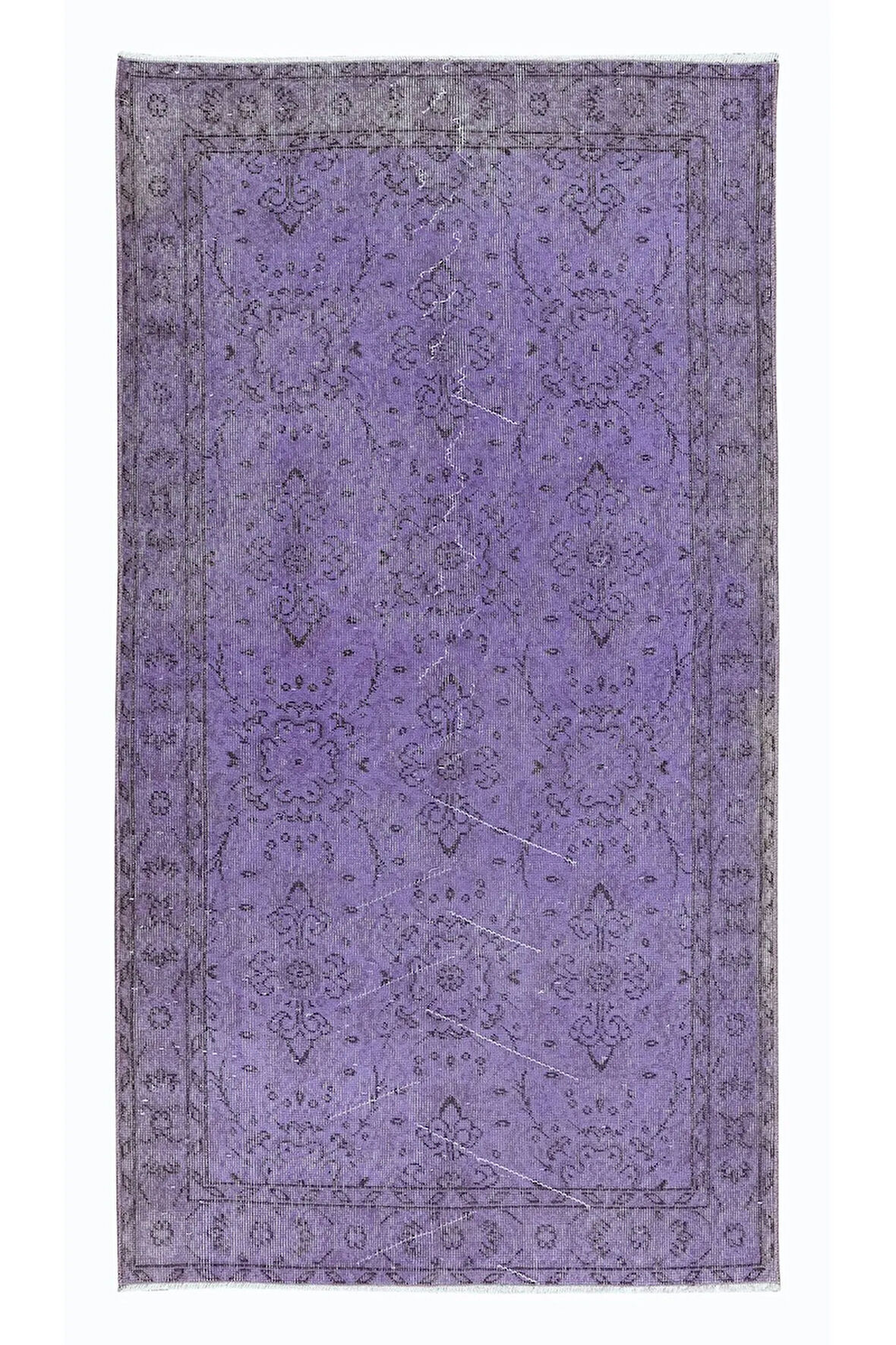 113x206 cm El Yapımı Mor Halı, El Dokuması Eski Halı, Yenilenmiş Türk Halısı