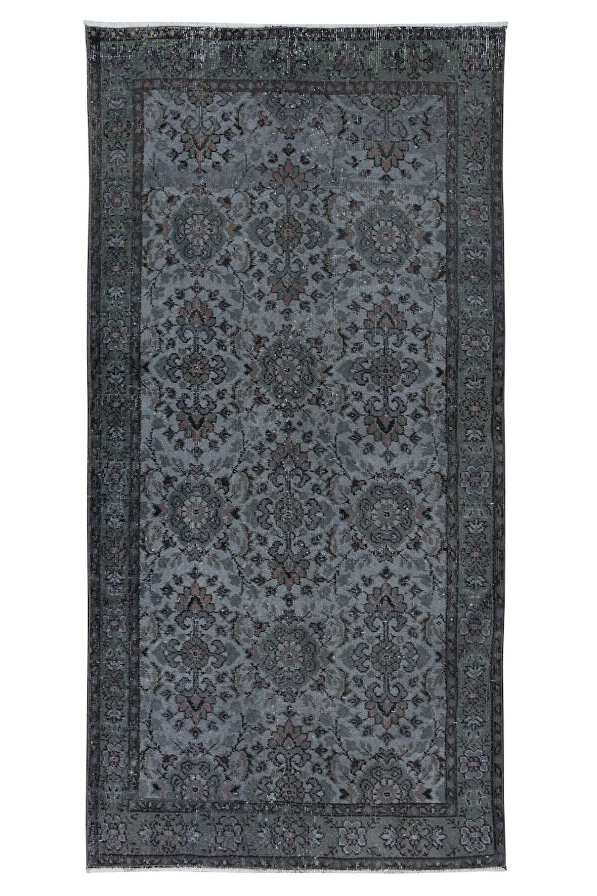 111x218 cm Gri El Yapımı Halı, Yenilenmiş Eski Halı, Çiçekli Küçük Modern Halı