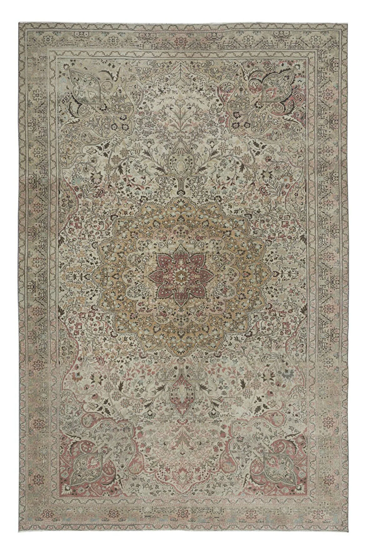 196x303 Cm Madalyon Tasarımlı Muhteşem Eski El Yapımı Türkiye'de Yapılmış Bej Alan Halısı