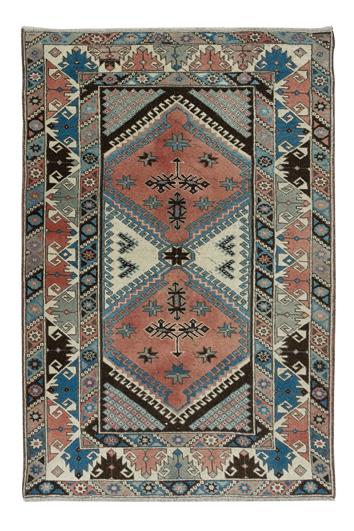 120x180 cm Benzersiz Eski El Düğümlü Geometrik Desenli Türk Halısı, Tamamen Yünden Yapılmıştır