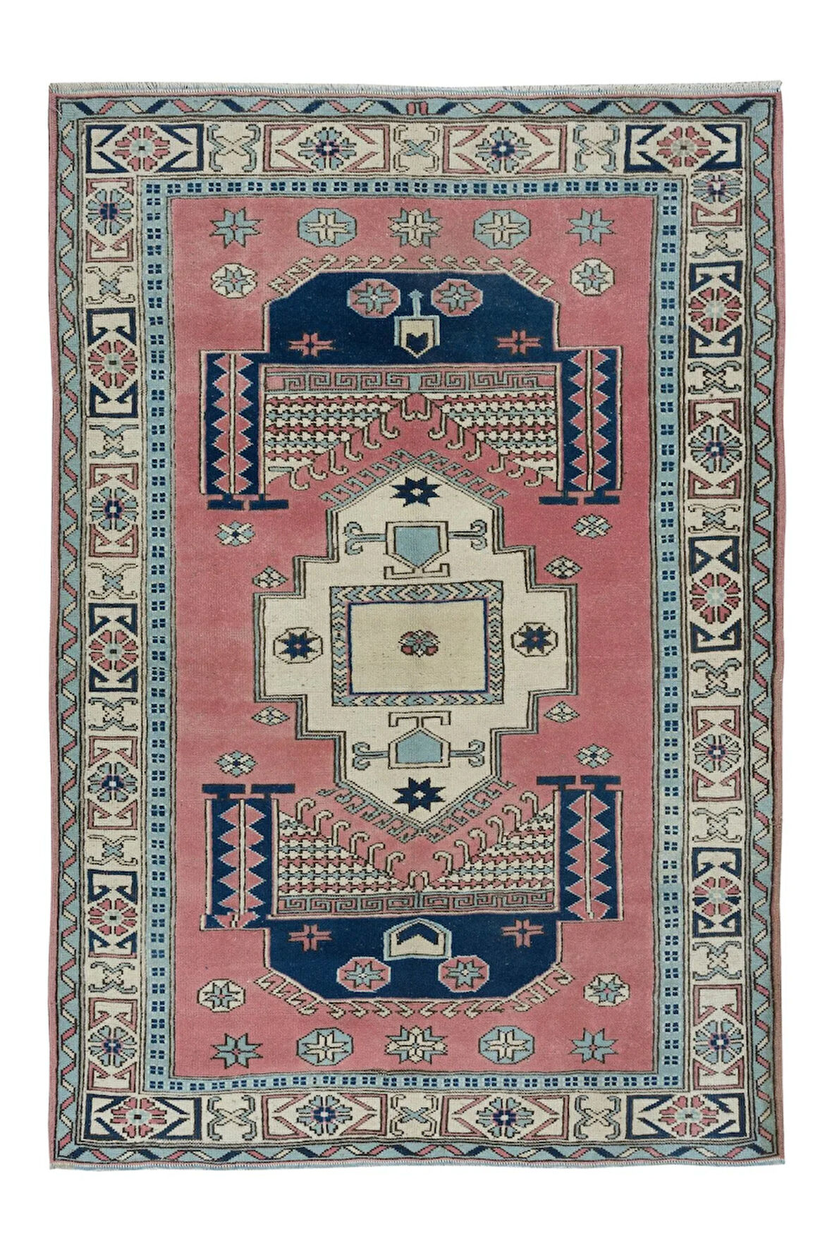 140x194 cm Geometrik Desenli Eski El Dokuma Türk Bölge Halısı, %100 Yün
