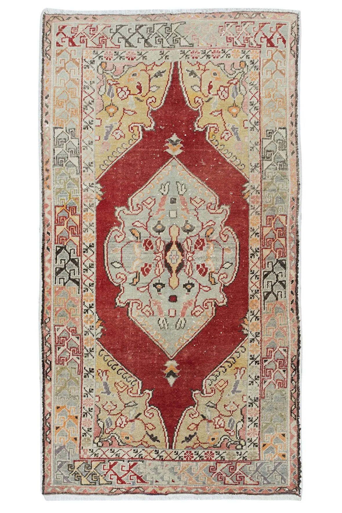 105x193 cm Geleneksel Eski Türk Köy Halısı, El Düğümlü Yün Halısı