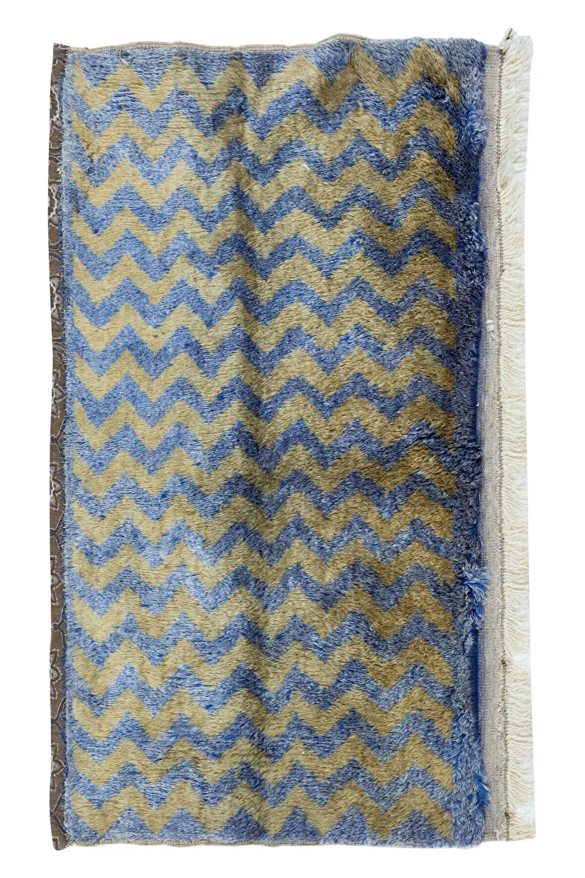 66x130 cm Açık Kahverengi ve Mavi Zig Zag Desenli Eski El Yapımı Anadolu Tülü Halı