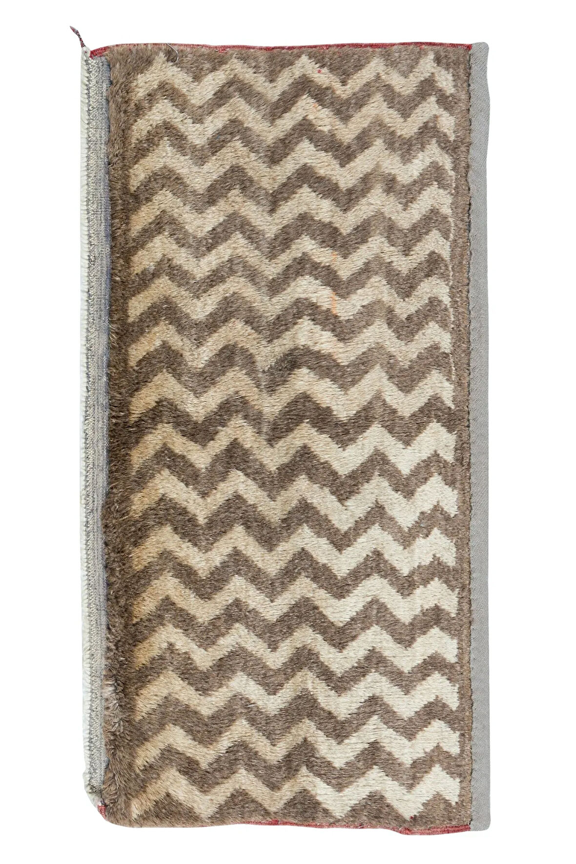54x120 cm Zig Zag Tasarımlı Kahverengi ve Bej Eski El Yapımı Anadolu Tülü Halısı