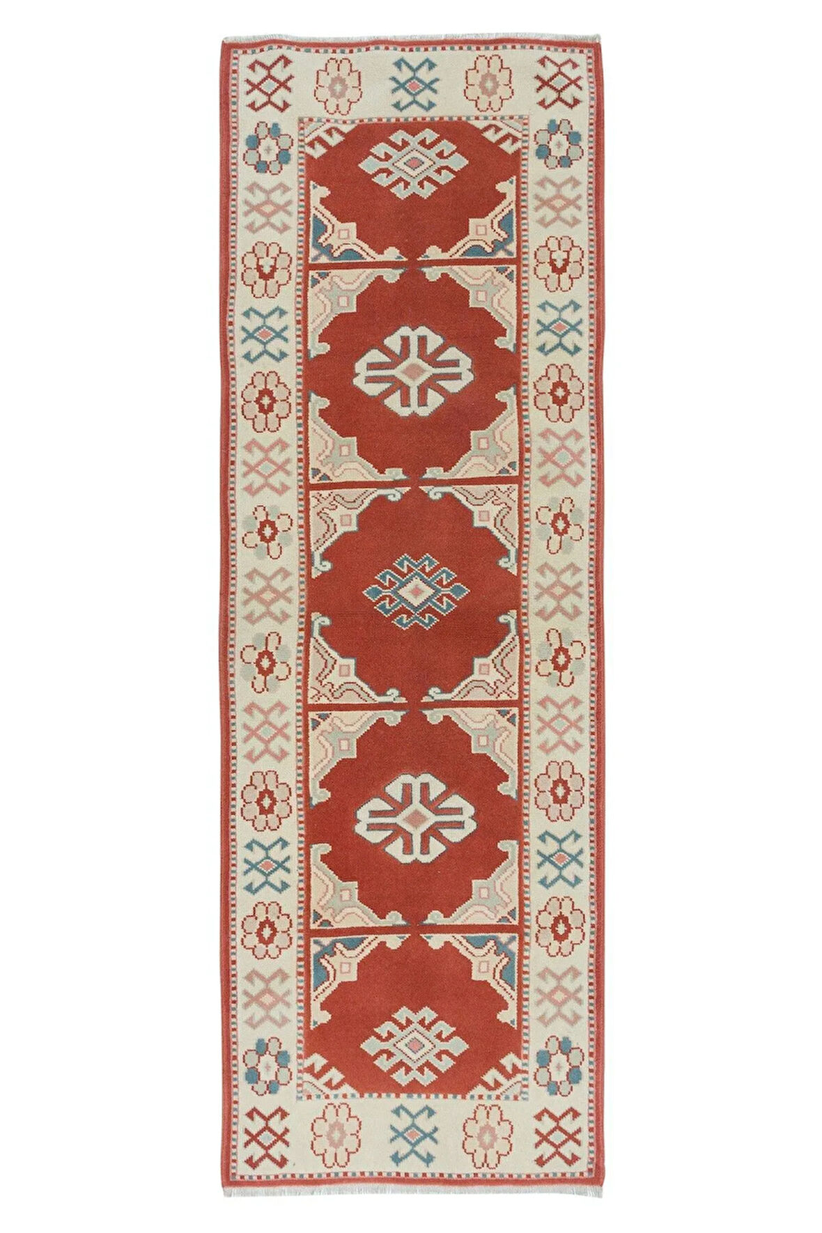 74x221 Cm Modern Kırmızı & Bej Renklerde Türk Halısı, Küçük Koridor Yolluğu, %100 Yün