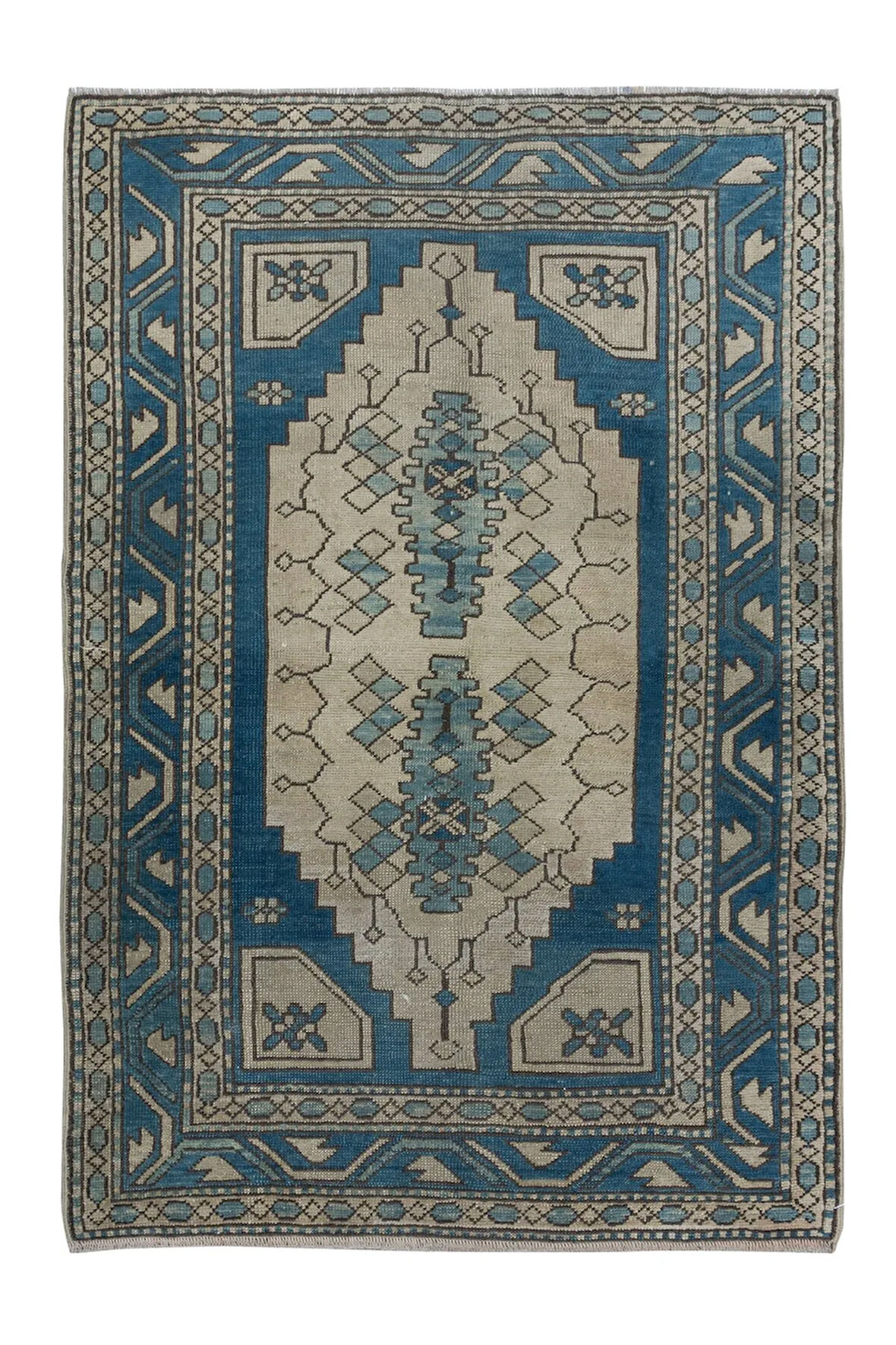 122x180 cm Lacivert & Bej Eski Türk Halısı, El Yapımı Köy Halısı, Tamamen Yün