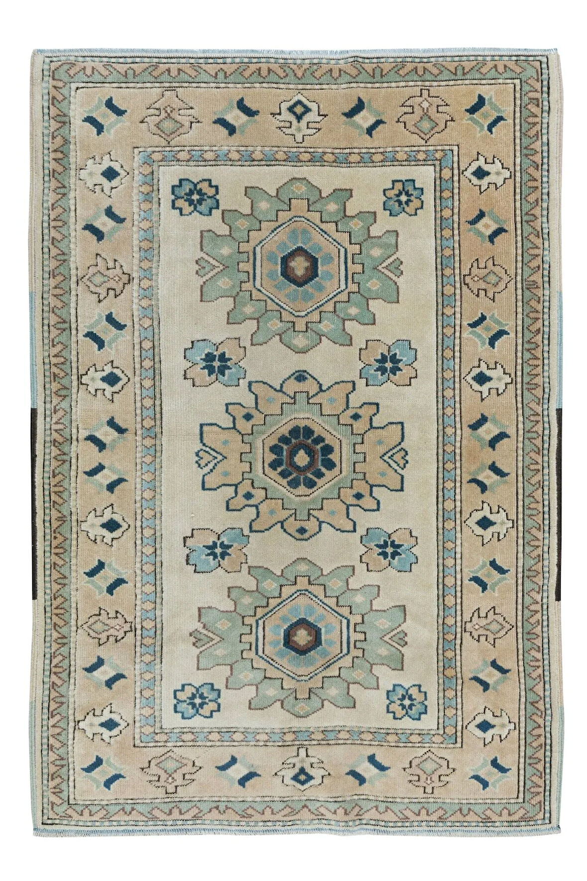 122x177 cm Eski Türk Yünü Madalyonlu Geleneksel Halı, El Yapımı Köy Halısı