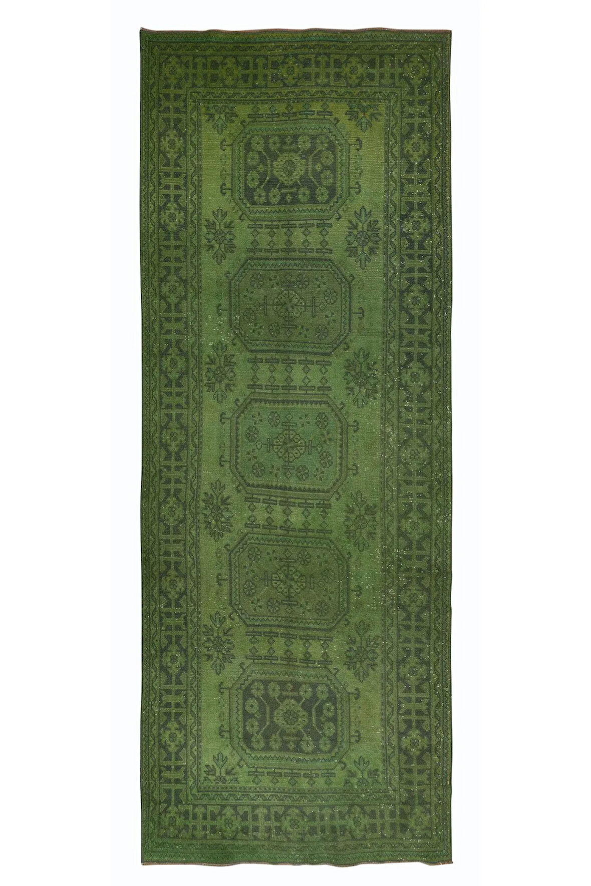 150x362 cm Yeşil El Dokuması Halı, Yolluk Halı, Modern Koridor Halısı