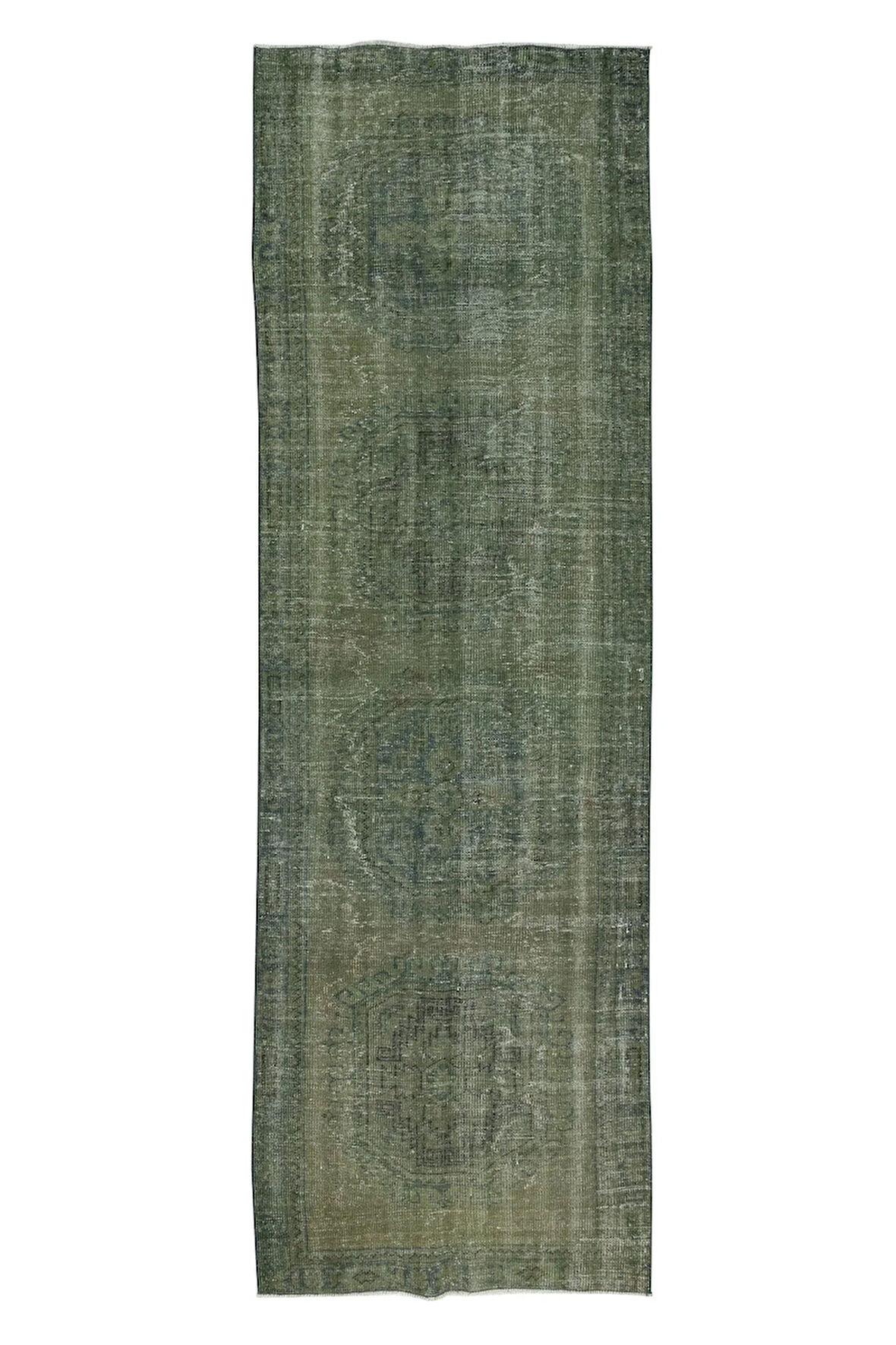 123x355 cm Yeşil'e Yeniden Boyanmış Koridor Halısı, El Yapımı Eski Yolluk Halı