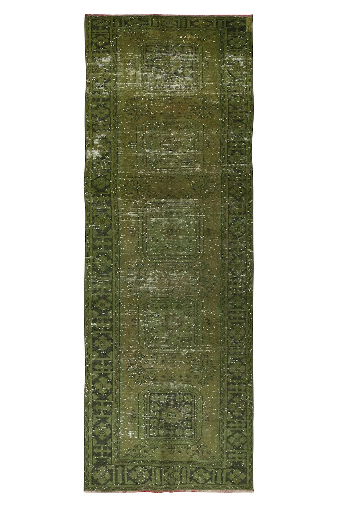 130x340 cm El Düğümlü Yeşil Koridor Halısı, Modern El Dokuması YünlüYolluk Halısı