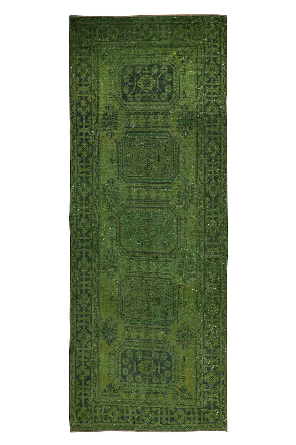 138x353 cm El Düğümlü Yeşil Halı, Dekoratif El Dokuması Yün ve Pamuktan Yapılmış Yolluk Halı