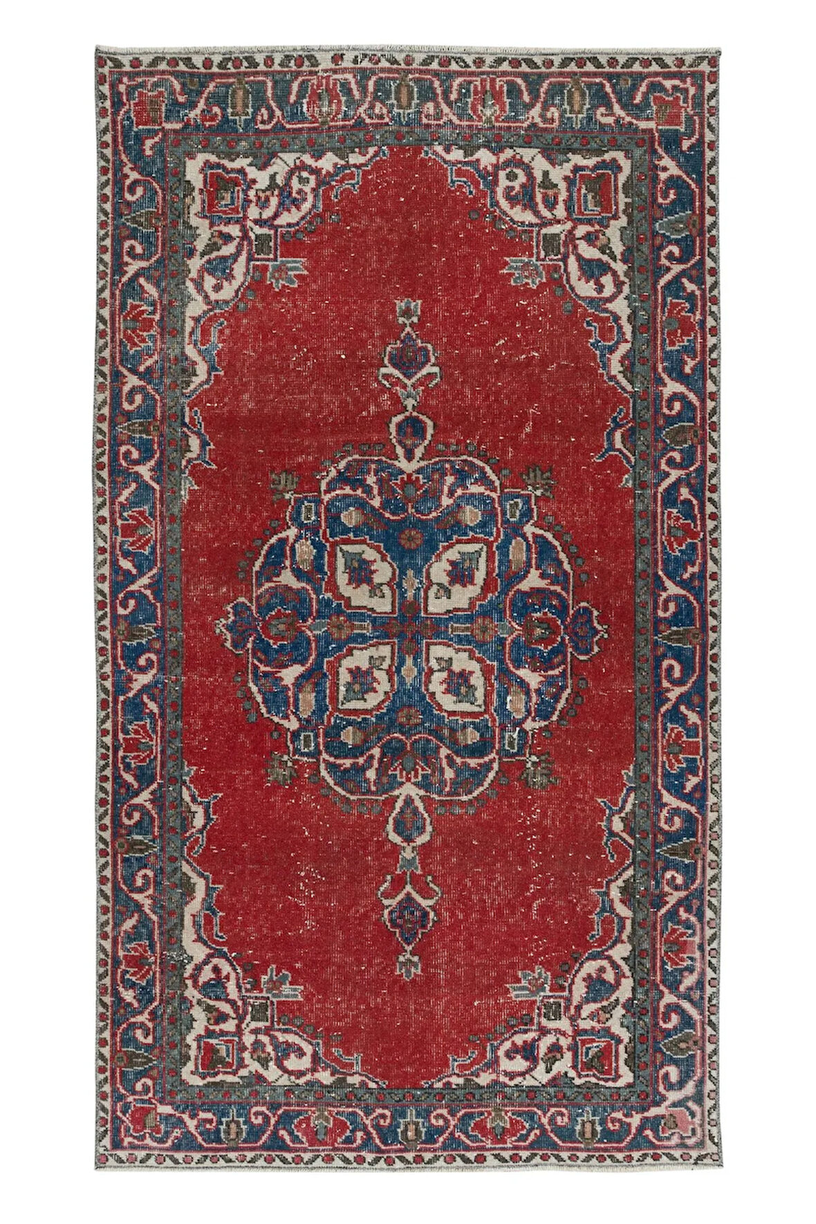 119x209 cm Eski Türk Köy Halısı, Geleneksel El Yapımı Halı, %100 Yün. Kırmızı, Lacivert ve Bej Renk