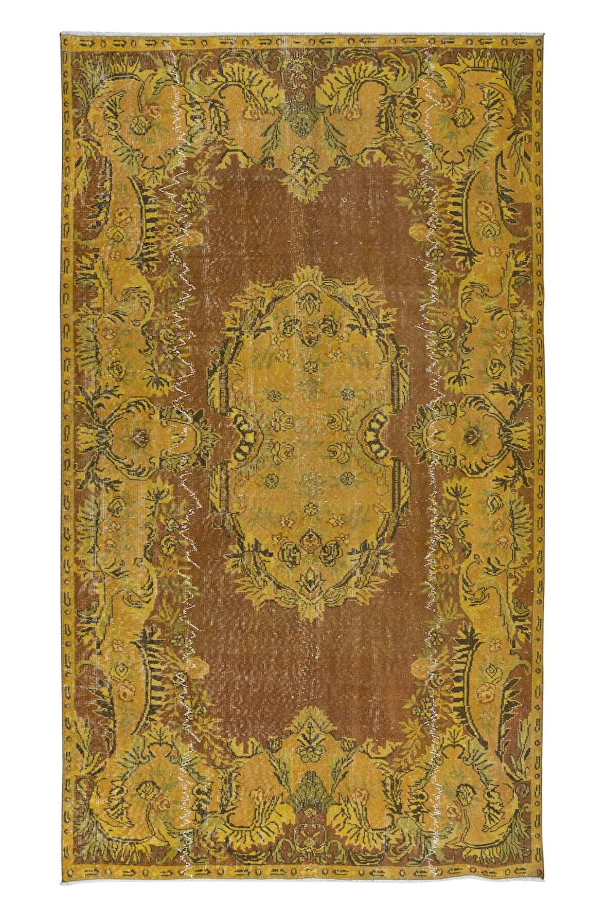 168x288 cm Decorative Sarı El Dokuması Halı, Yeniden Boyanmış Eski Halı