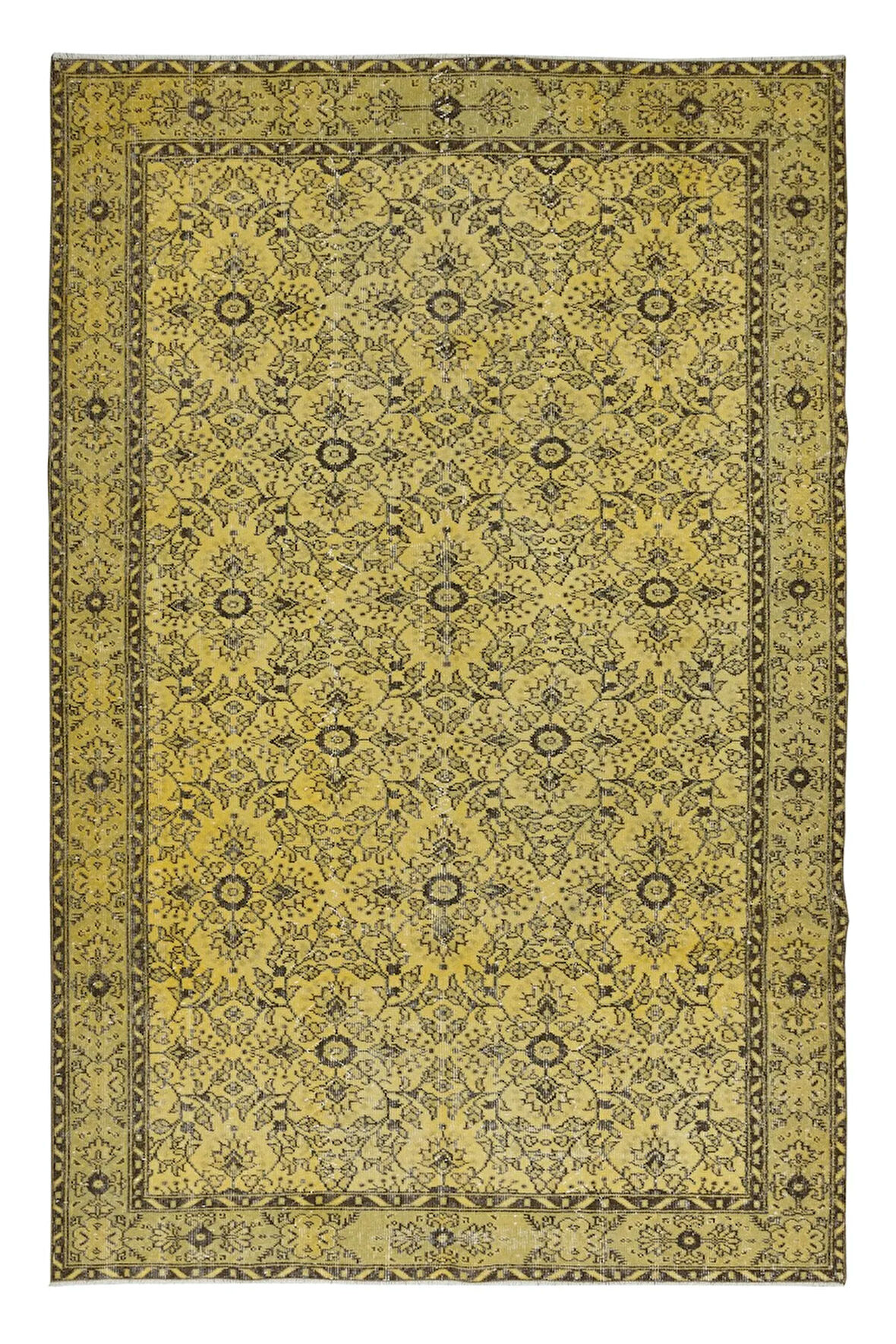 199x295 cm El Düğümlü Sarı Türk Halısı, Yeniden Boyanmış El Yapımı Modern Halı