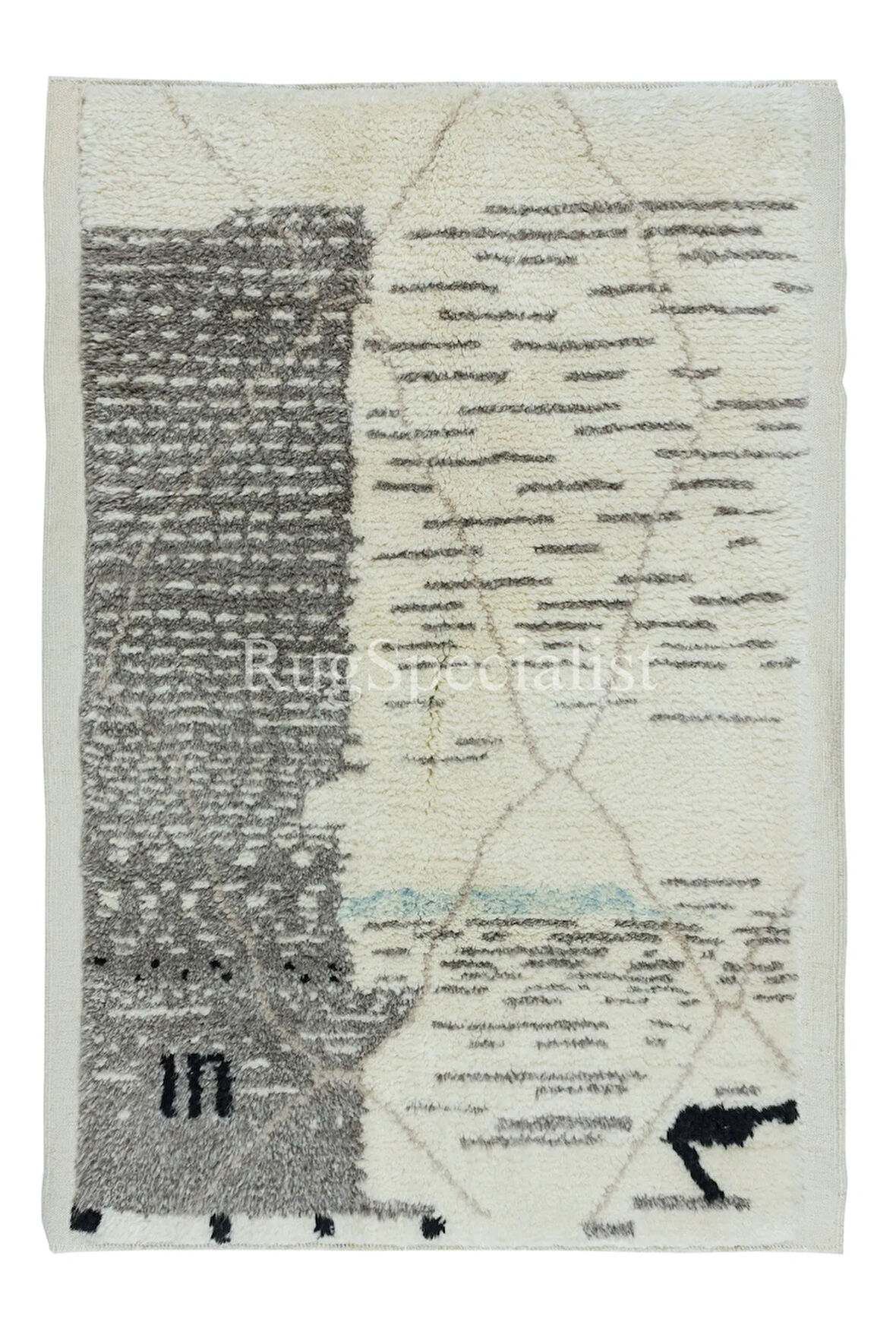 122x176 cm Modern El Yapımı Fas Berberi Tülü Halısı, Bej ve Gri, %100 Yün