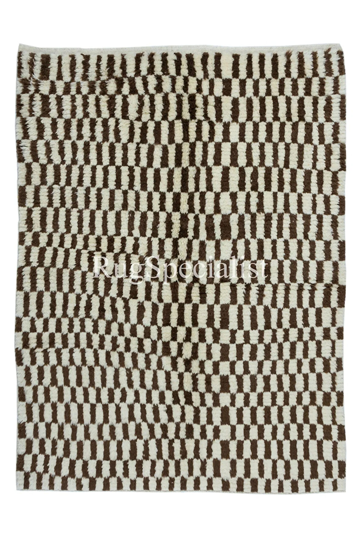 155x195 cm Kahverengi ve Bej El Düğümlü Tülü Halı. Tamamı Yün. Modern Damalı Ismarlama Halı