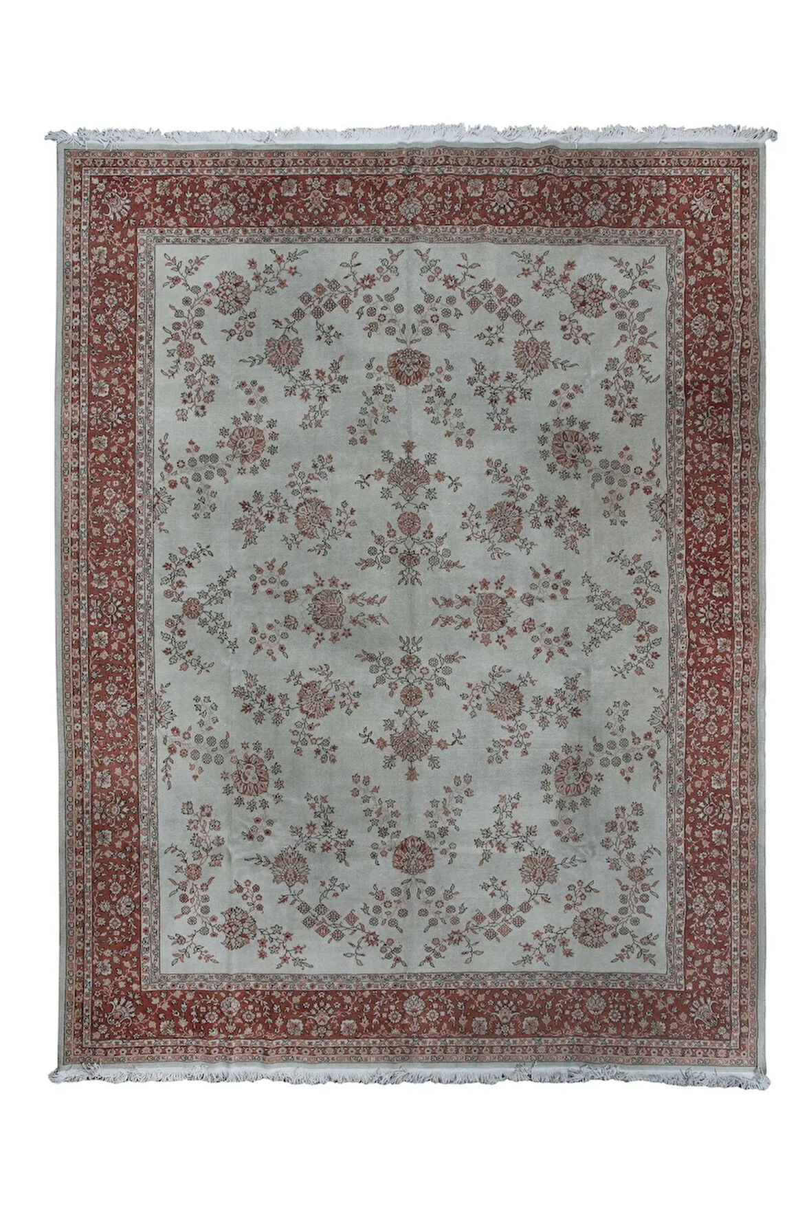 340x437 cm Bej ve Kırmızı Renklerde Eski El Yapımı Çiçek Desenli Türk Büyük Boy Halı