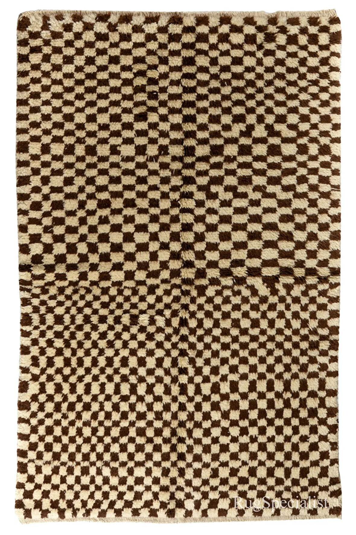152x215 cm Doğal Boyanmamış Yünden Yapılmış Damalı El Dokuma "Tülü" Halı. Krem ve Kahve Renkler