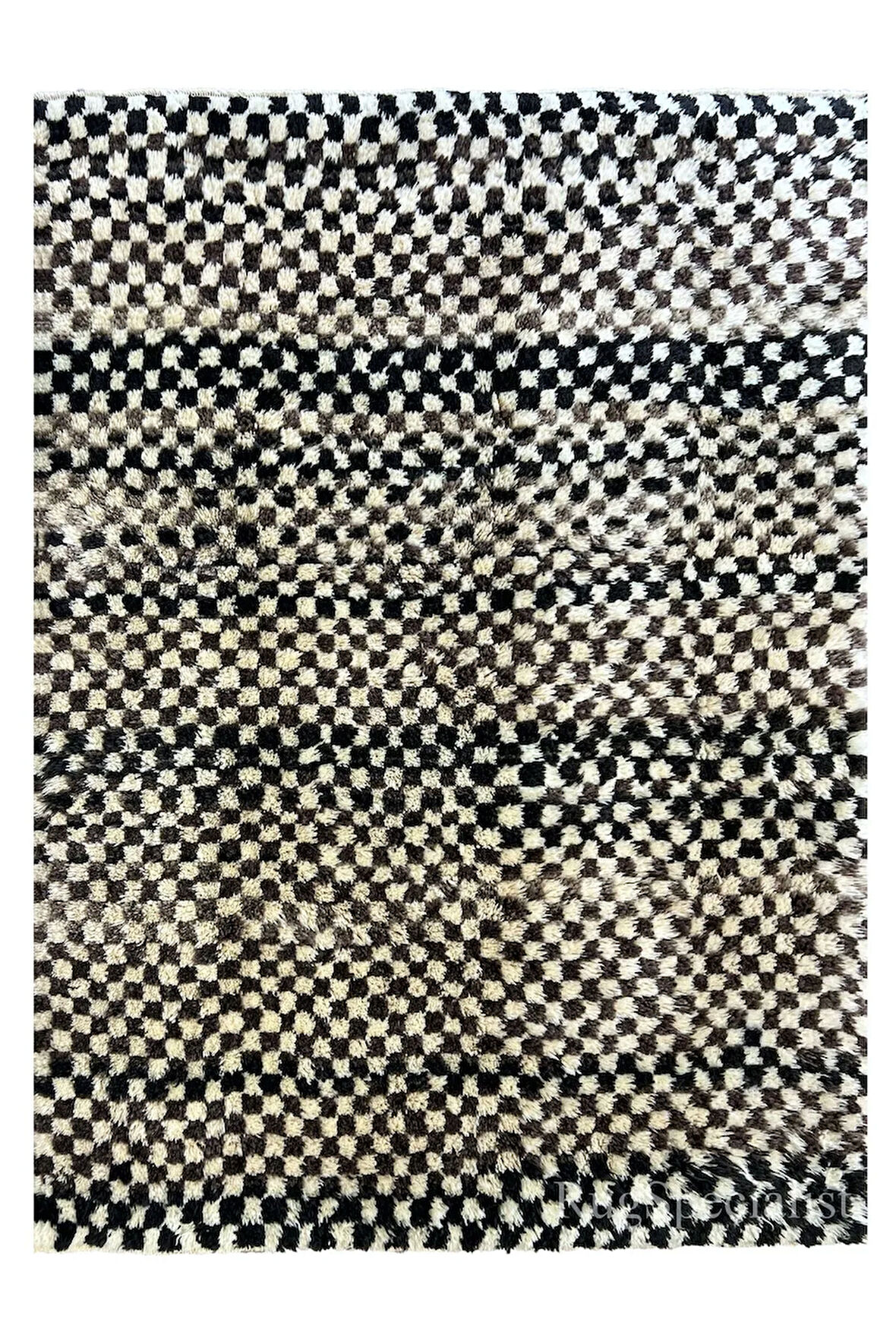 225x280 cm Bej, Siyah ve Siyah Damalı El Yapımı Tülü Halı, %100 Yumuşak, Rahat Doğal Yün