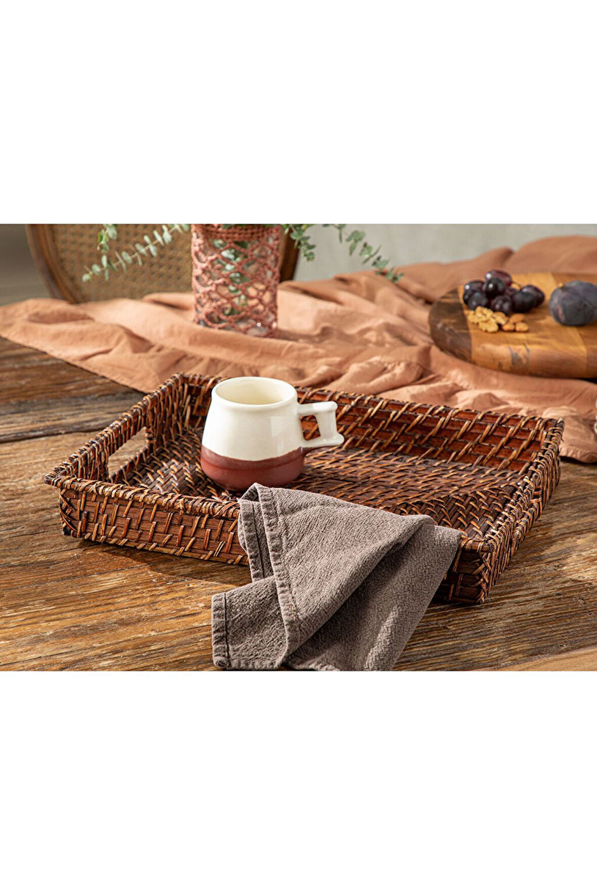 Lana Rattan Tepsi 40x30 Cm Kahve