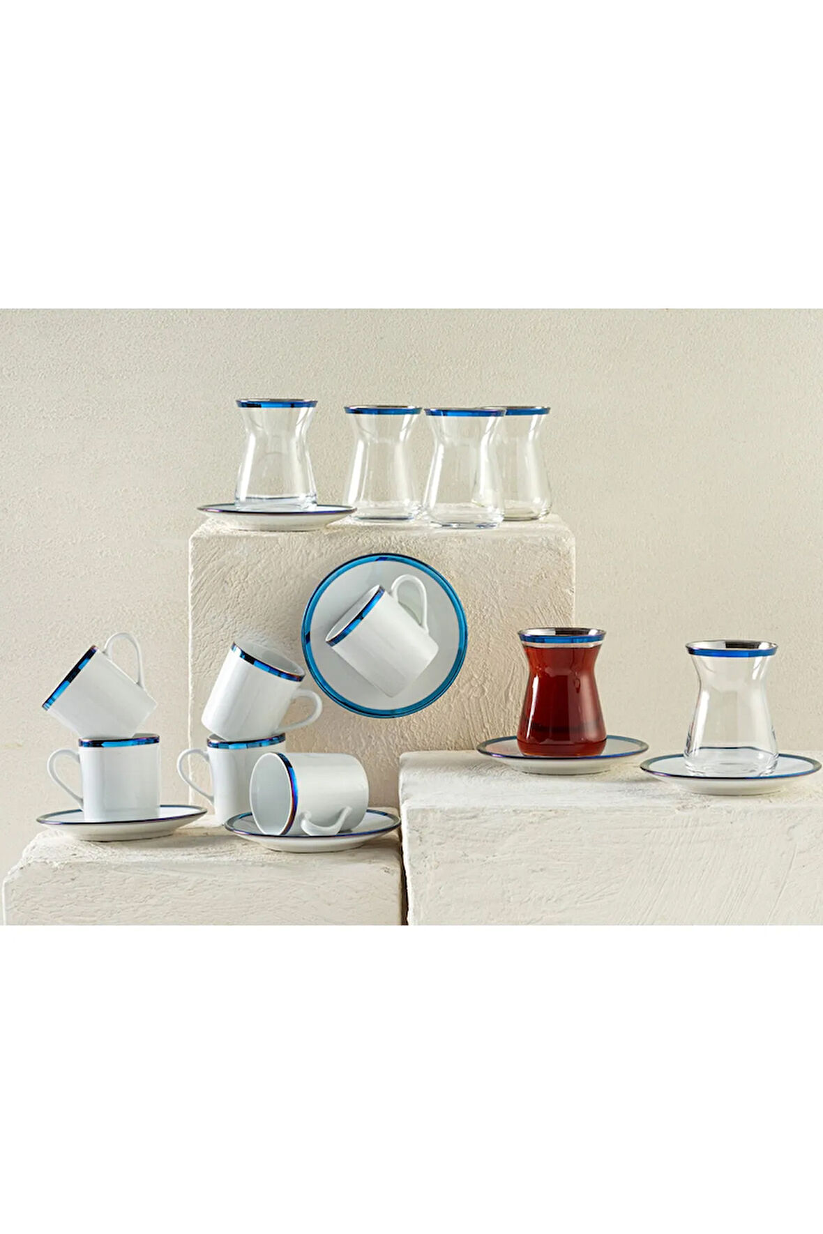 Bovia Porselen 6 Kişilik 18 Parça Çay-kahve Takımı 100-130 Ml Mavi