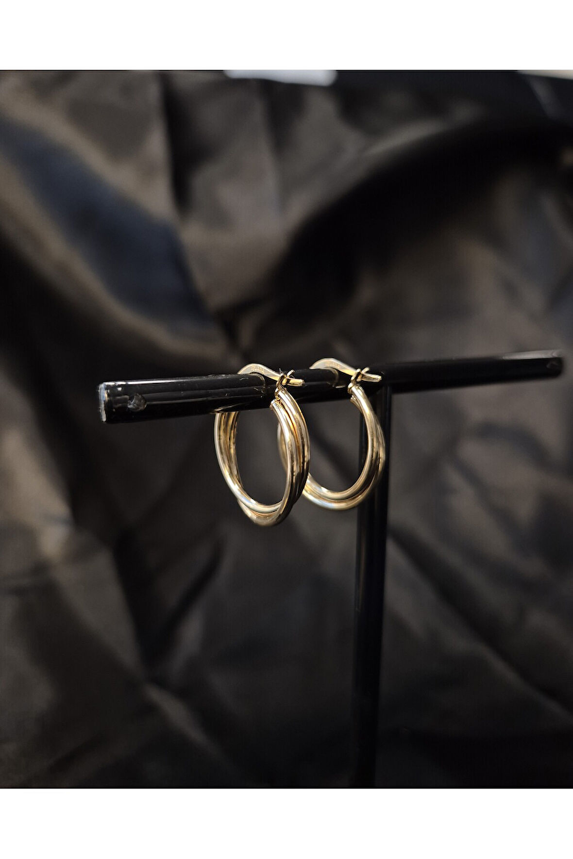 14 Ayar Altın Bombeli Ikili Halka Küpe Sarı-Beyaz 2 Cm