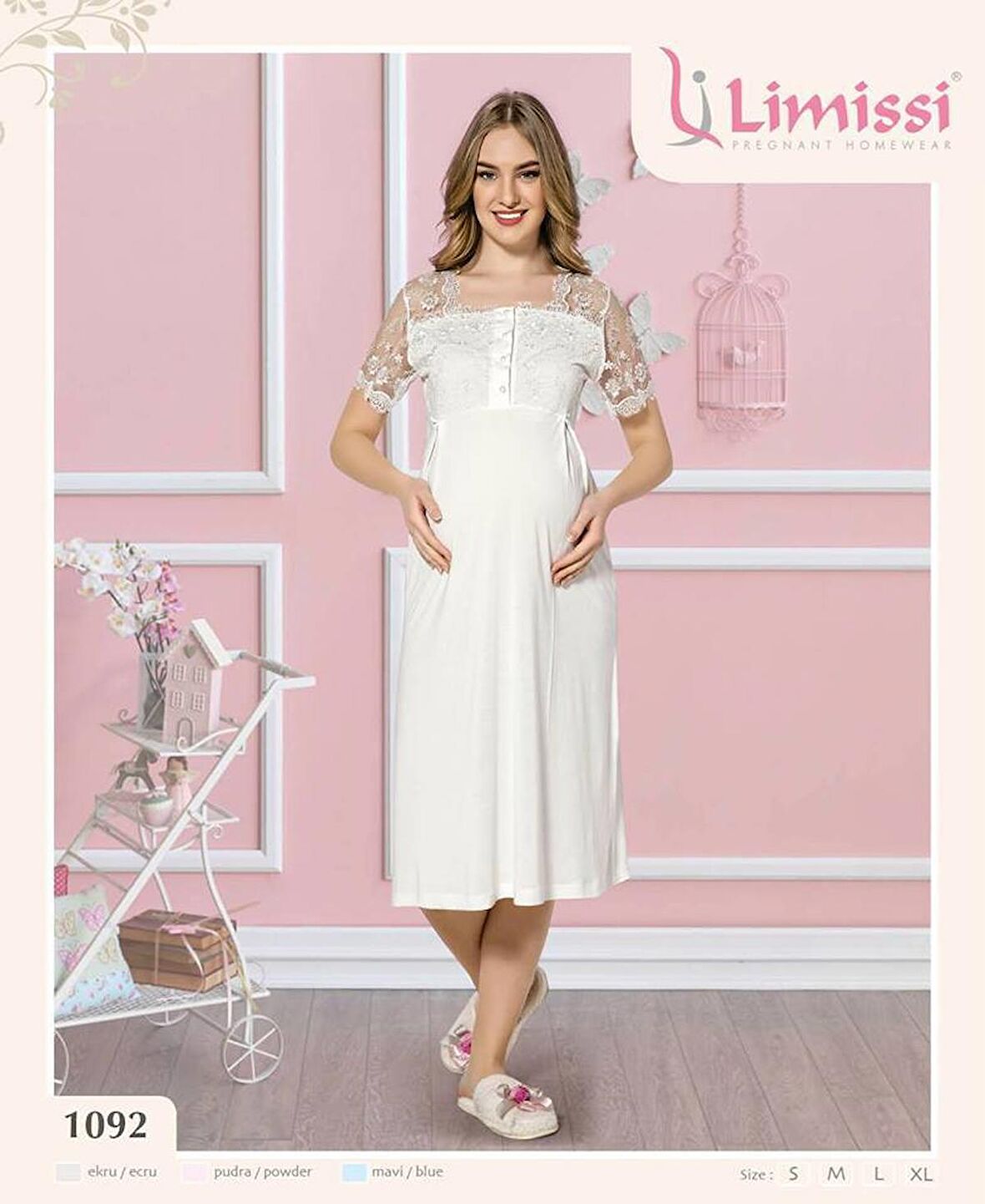 LİMİSSİ 1092 ECRU Hamile Lohusa Dantelli Yeni  Sezon Lohusa Geceliği