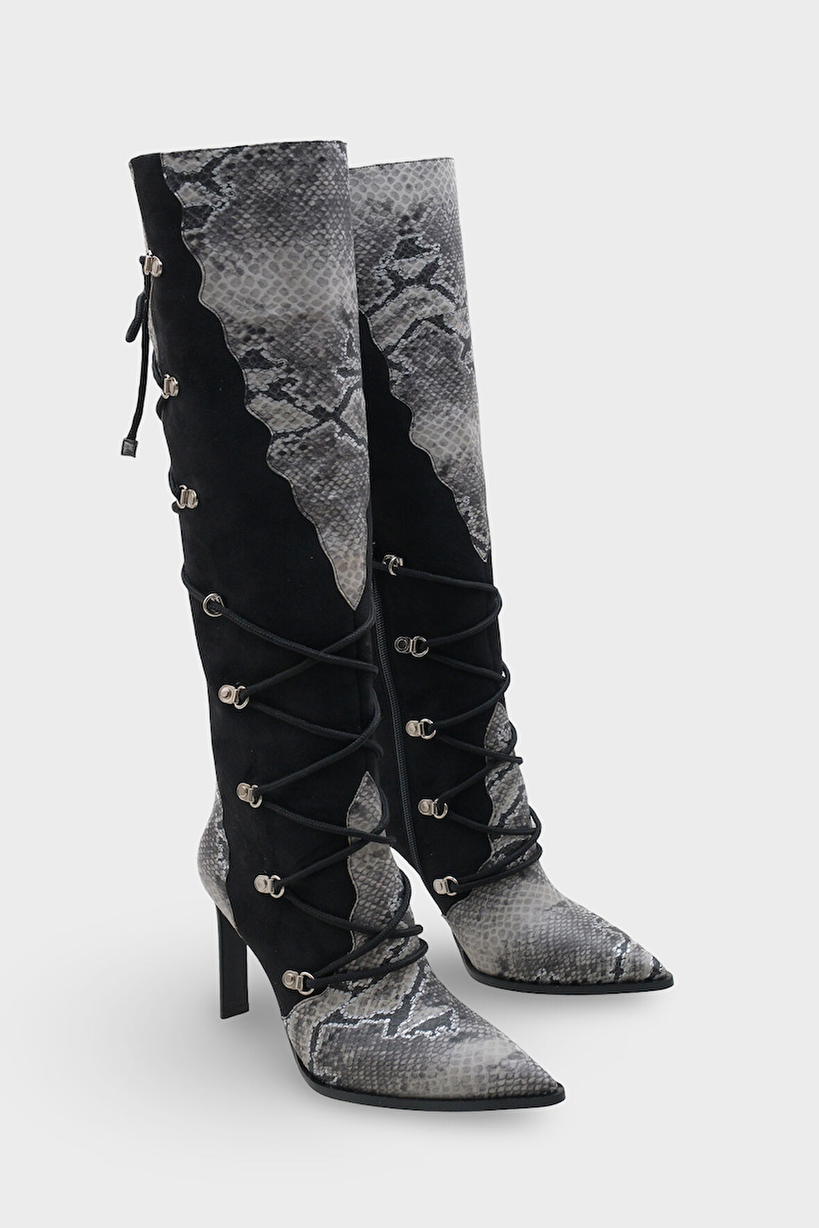 Kadın Sivri Burun Yılan Deri Desenli Topuklu Günlük Çizme Athenas Siyah 