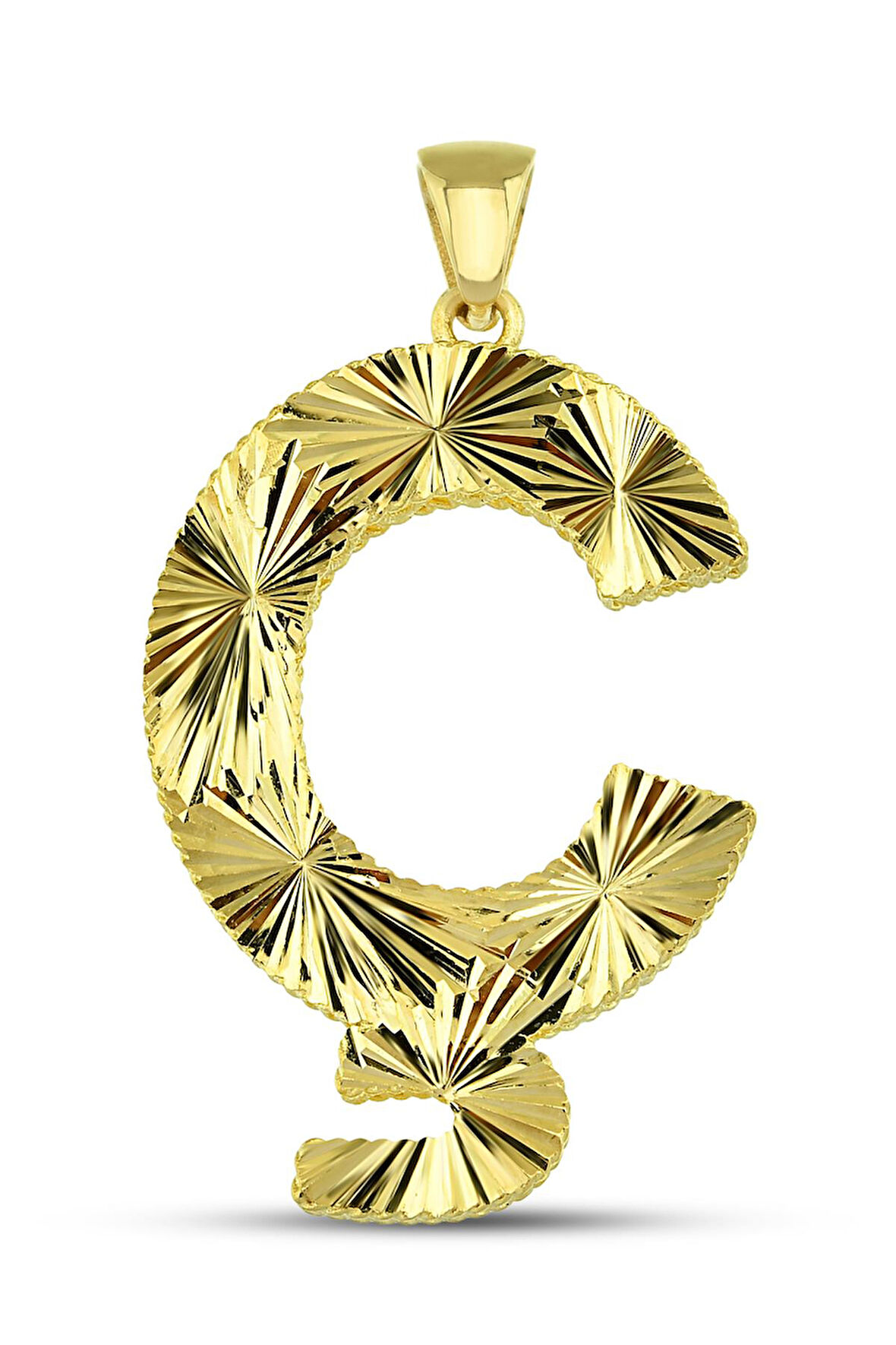 14 Ayar Altın Kalemli Parlak Ç Harfi Kolye Ucu