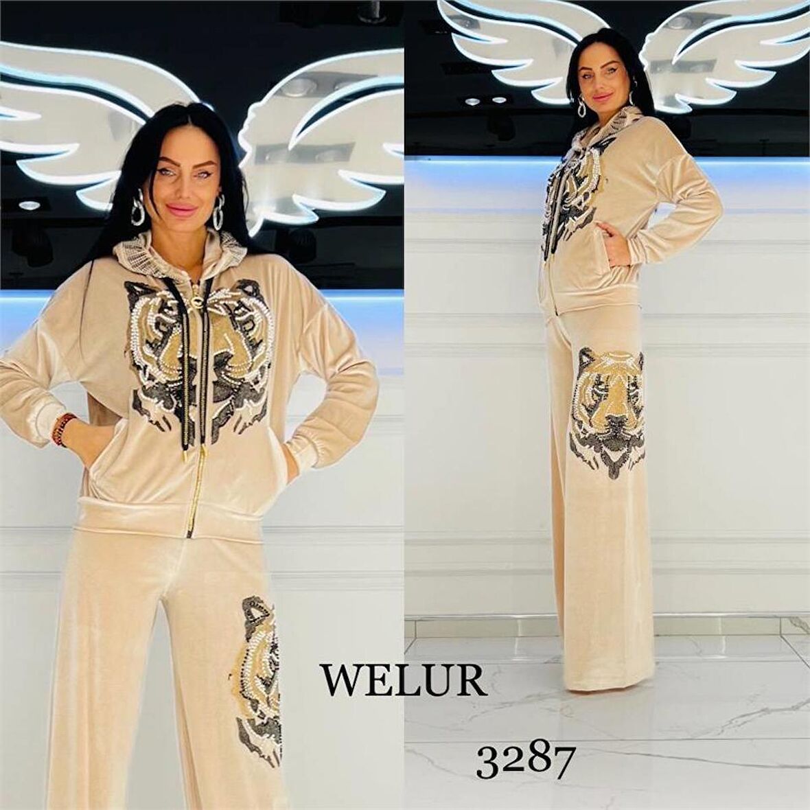 İspanyol Paça Leoparlı Crystal Taşlı Kadife Eşofman Takımı - BEJ