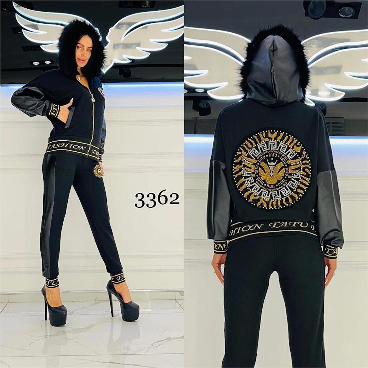 Derili Kürklü Crystal Taşlı Eşofman Takımı - SİYAH GOLD