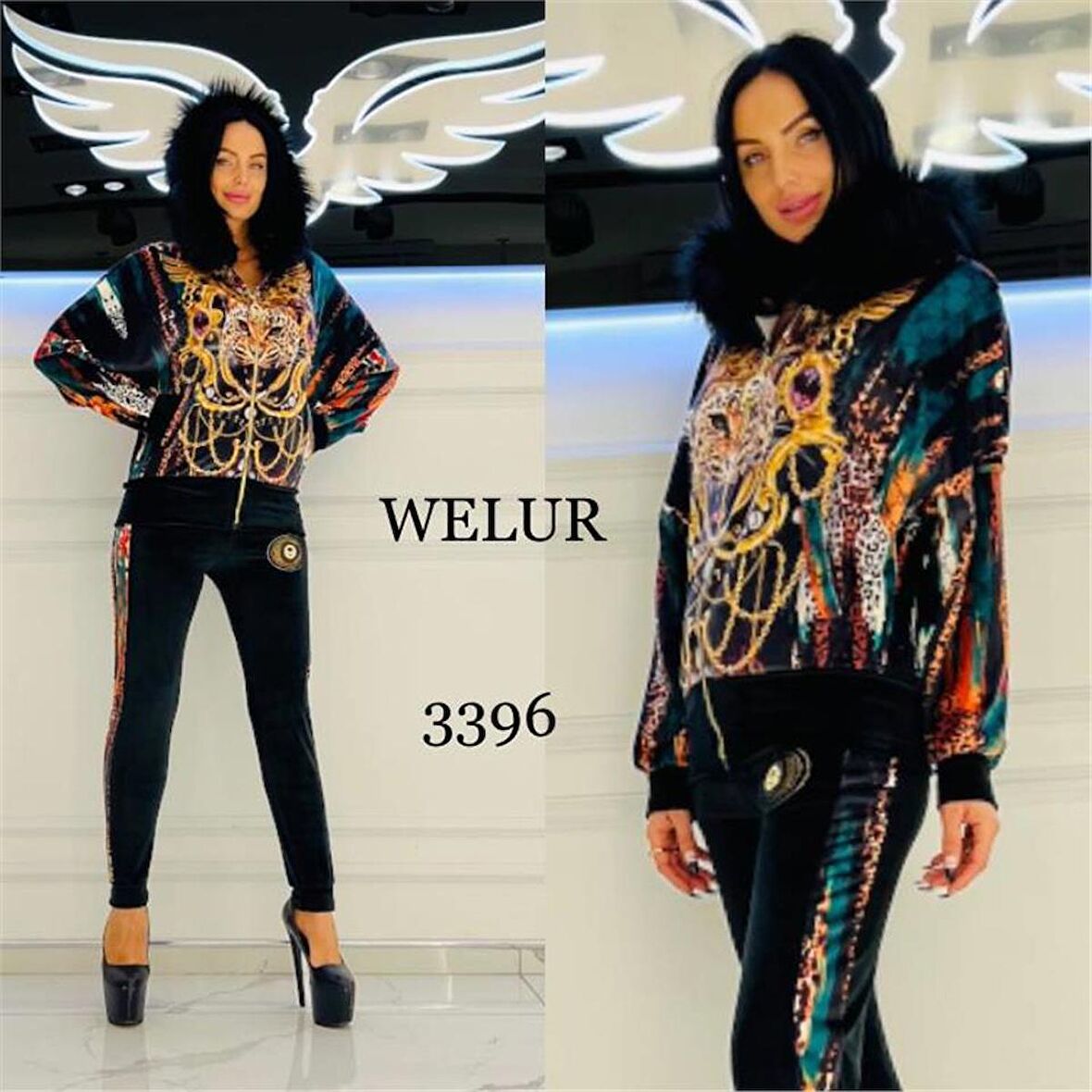 Karışık Desen Leopar Crystal Taşlı Kadife Eşofman Takımı - YEŞİL