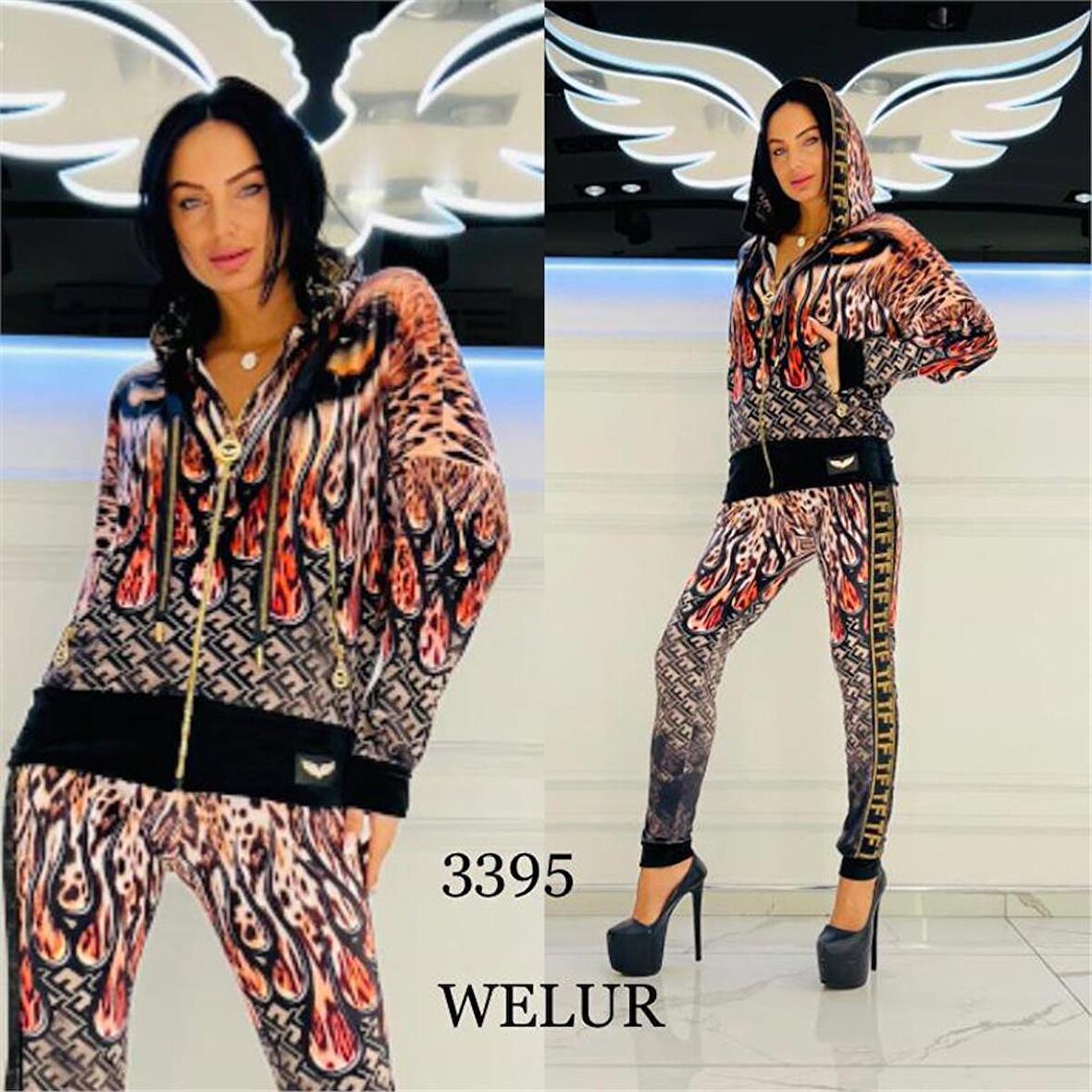 Karışık Desen Crystal Taşlı Kadife Eşofman Takımı - BEJ