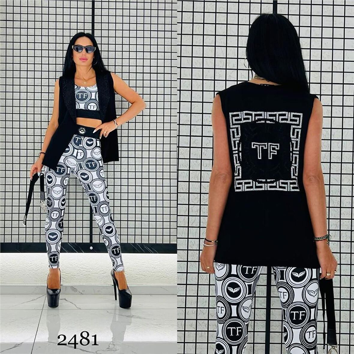 Crop Yelek Kemer Crystal Taşlı Üçlü Takım - EKRU