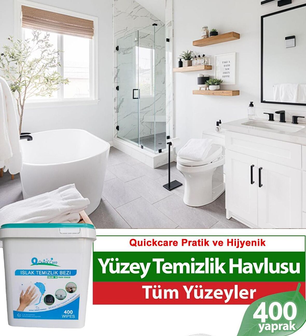 QUICKCARE Dezenfektanlı Yüzey Temizlik Havlusu 400 Yaprak, Kova Mendil Beyaz Sabun Kokulu