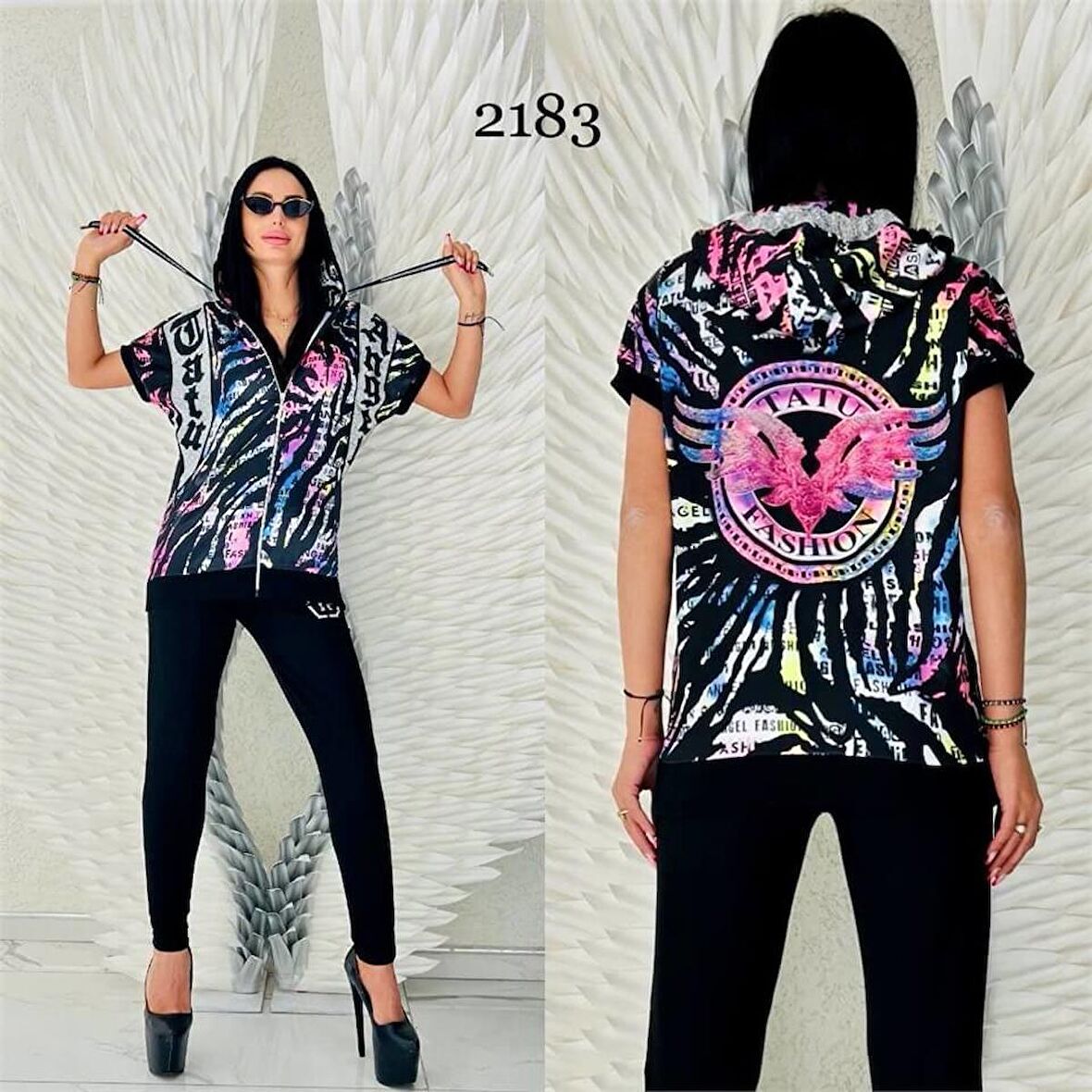 Tatu Angel Karışık Desen Crystal Taşlı Eşofman Takımı - FUŞYA