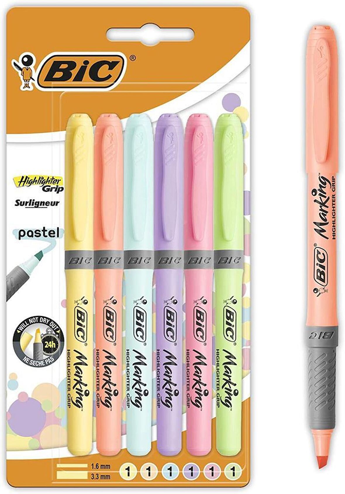 Bic Highlighter Grip Kalem Tipi Pastel Fosforlu Kalem 6 Renk Blister