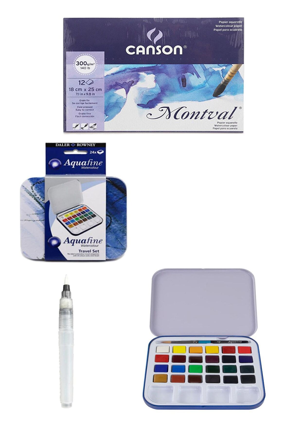 Daler Rowney Aquafine 24'lü Tablet Suluboya Canson Suluboya Defteri 18x25cm 300gr Fırça Uçlu Kalem