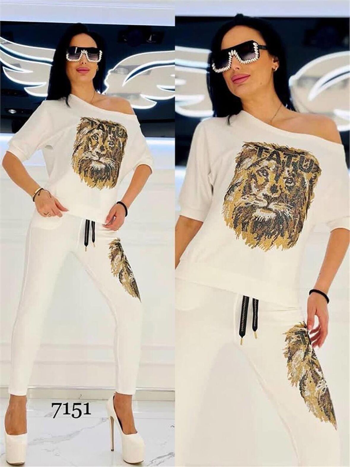 Omuz Açık Aslan Desen Crystal Taşlı Eşofman Takımı - EKRU