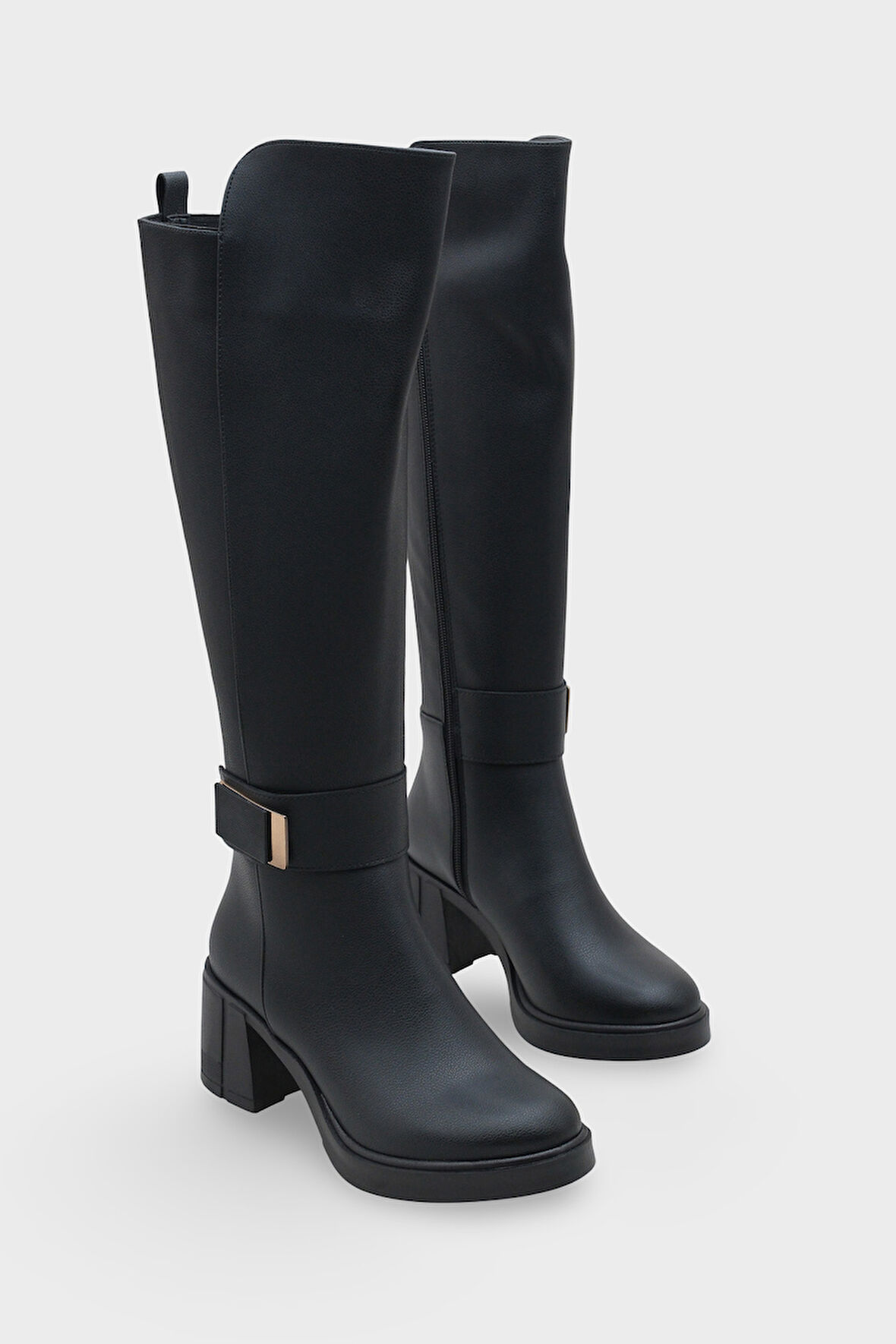 Kadın Kalın Taban Tokalı Topuklu Günlük Çizme Acos Siyah
